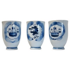 Antique Yi Feng Studio Blue and White Porcelain Tea Cups Nautical Hand Painted Theme