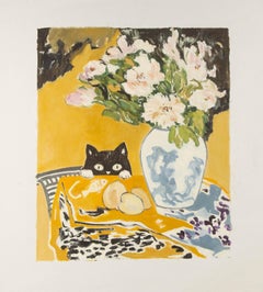 Yi Fu Still Life Original Oil On Canvas "Cat & Flowers"