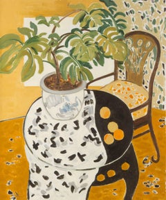 Yi Fu Stillleben Original Öl auf Leinwand "Pflanze & Stuhl"