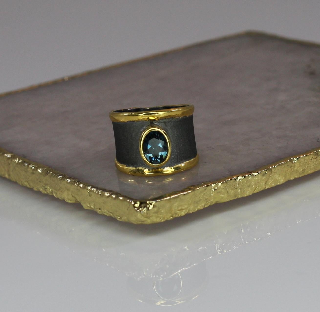 Contemporary Yianni Creation Blue Topaz Fine Silver 24 Karat Gold Rhodium Wide Band Ring