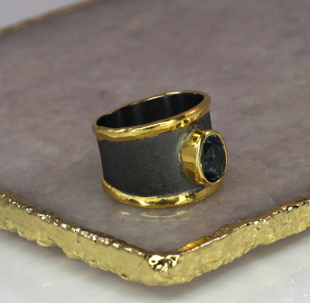 Oval Cut Yianni Creation Blue Topaz Fine Silver 24 Karat Gold Rhodium Wide Band Ring
