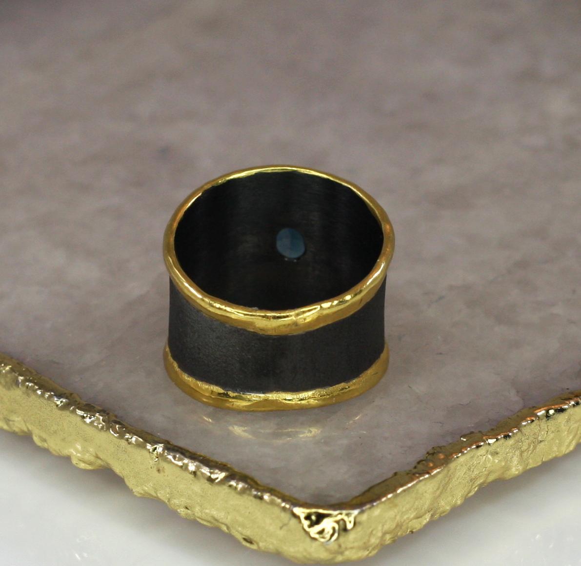 Women's or Men's Yianni Creation Blue Topaz Fine Silver 24 Karat Gold Rhodium Wide Band Ring