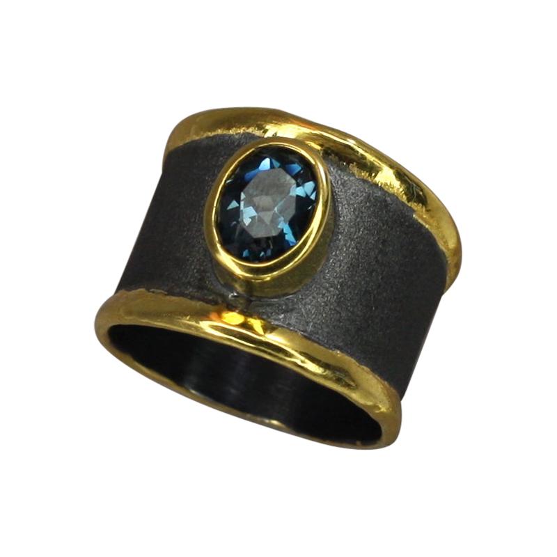 Yianni Creation Blue Topaz Fine Silver 24 Karat Gold Rhodium Wide Band Ring