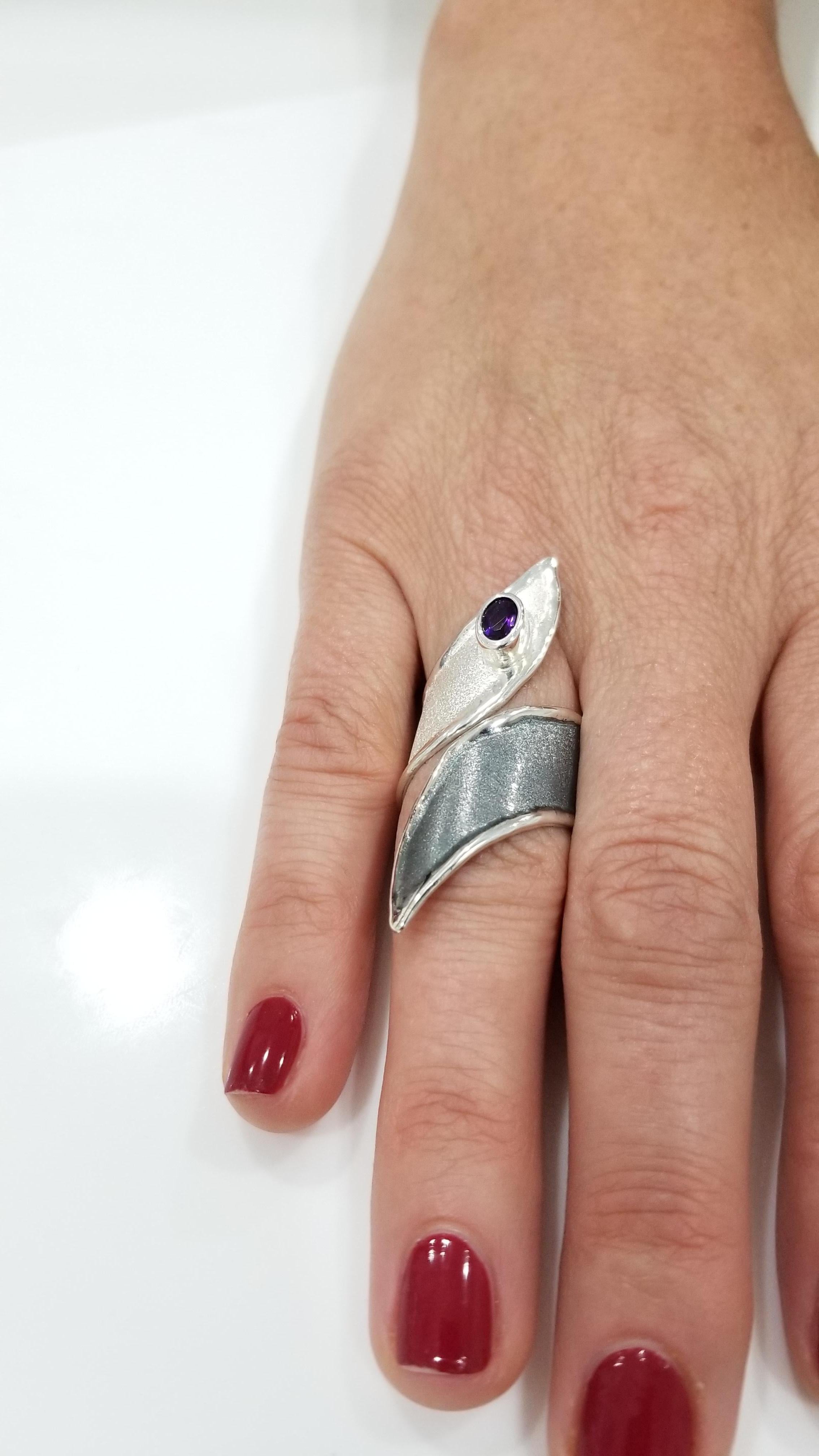 Yianni Creations Amethyst Fine Silver and Black Rhodium Long Adjustable Ring 1