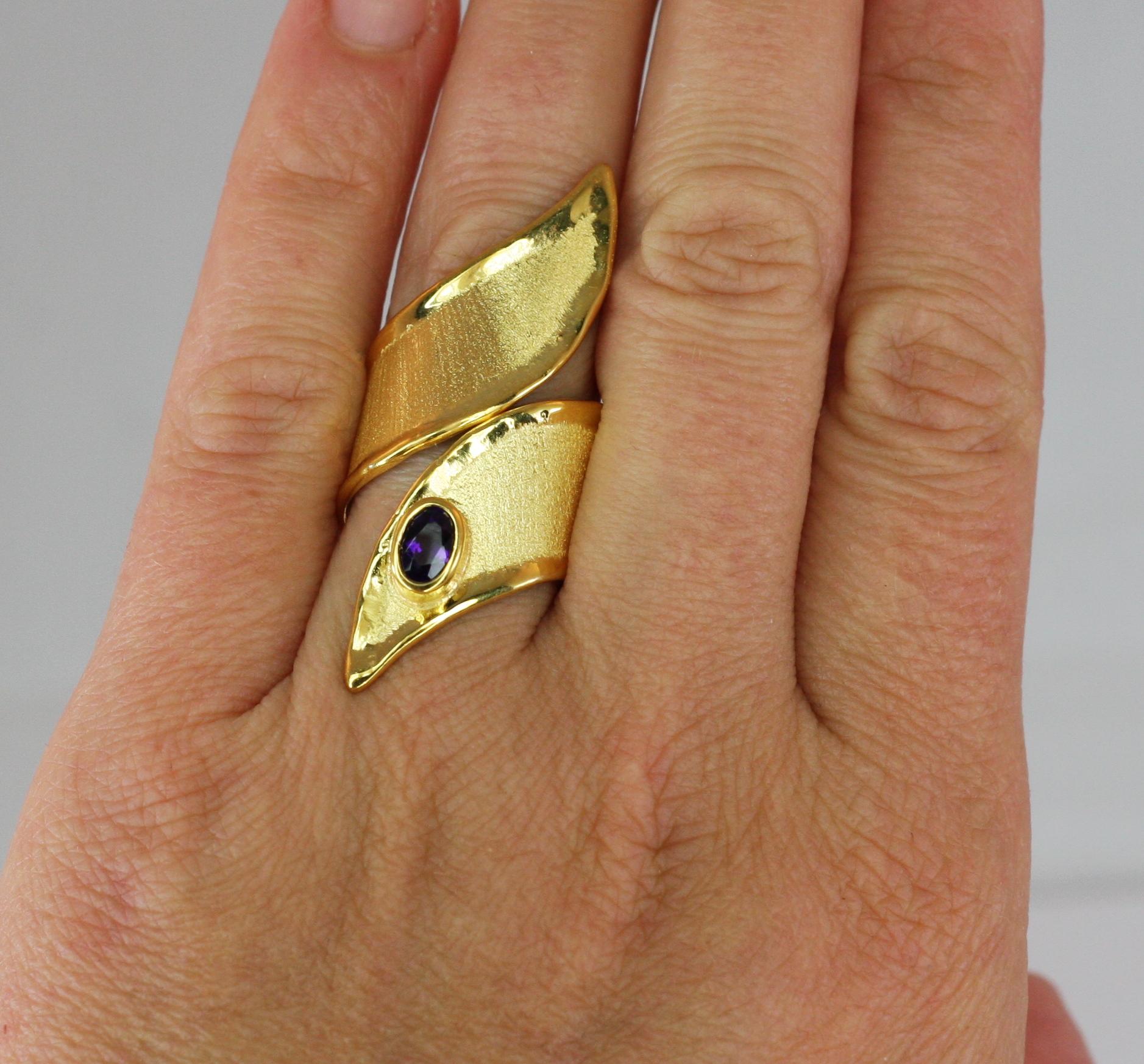 Yianni Creations 18 Karat Gold Amethyst Wide Long Mat and Shinny Band Ring For Sale 4