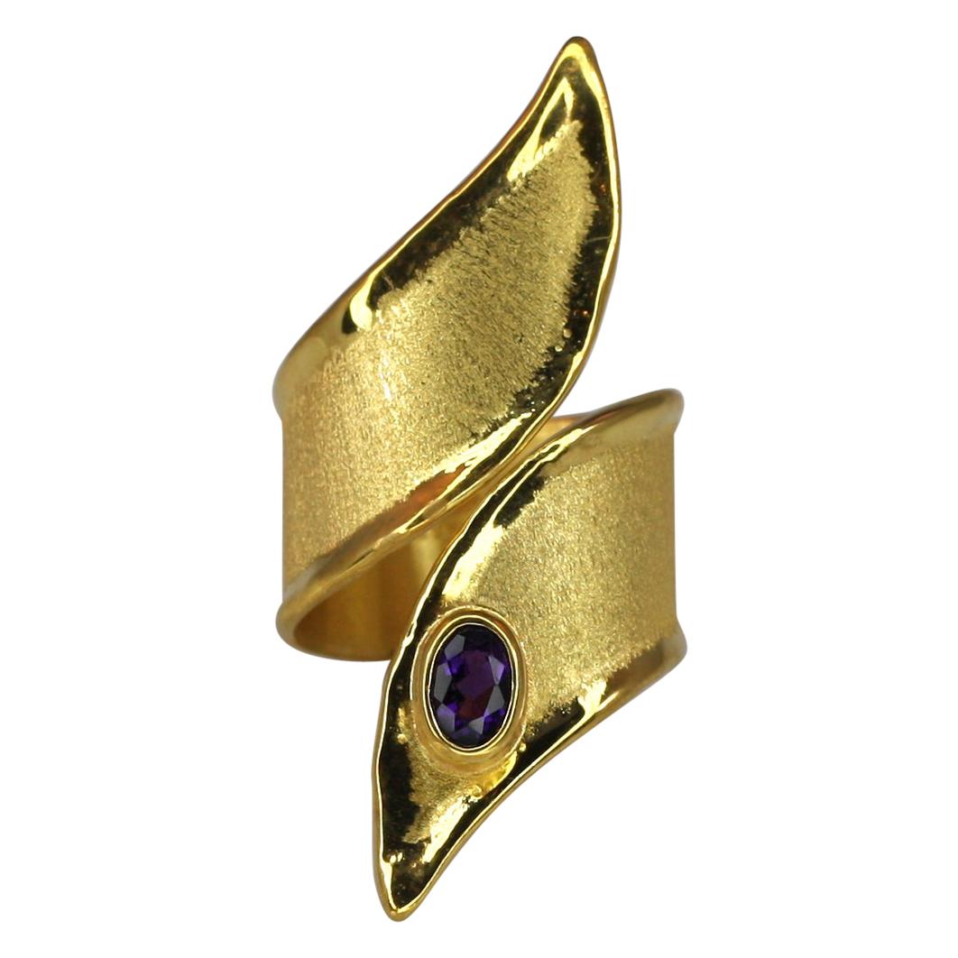 Yianni Creations 18 Karat Gold Amethyst Wide Long Mat and Shinny Band Ring For Sale