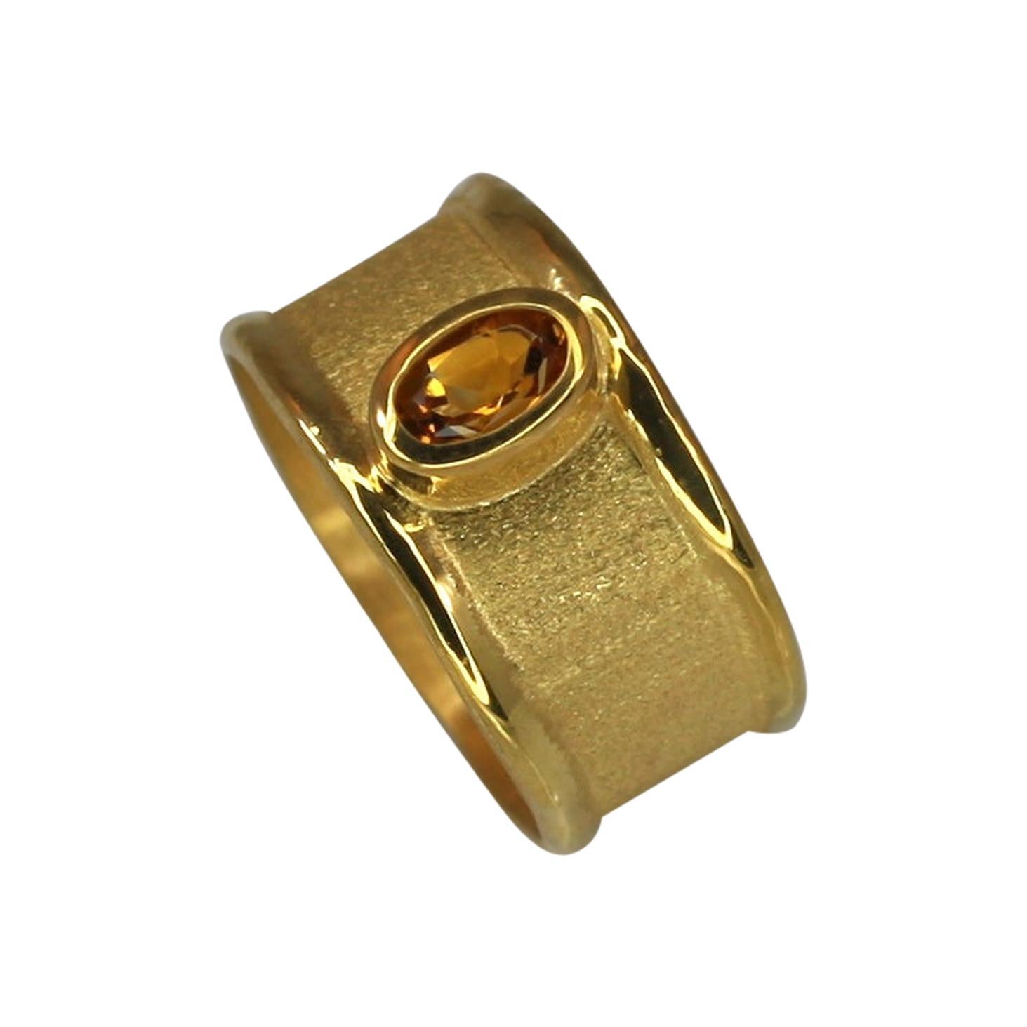 Yianni Creations 18 Karat Gold Mat and Shinny Band Ring with a Citrine For Sale