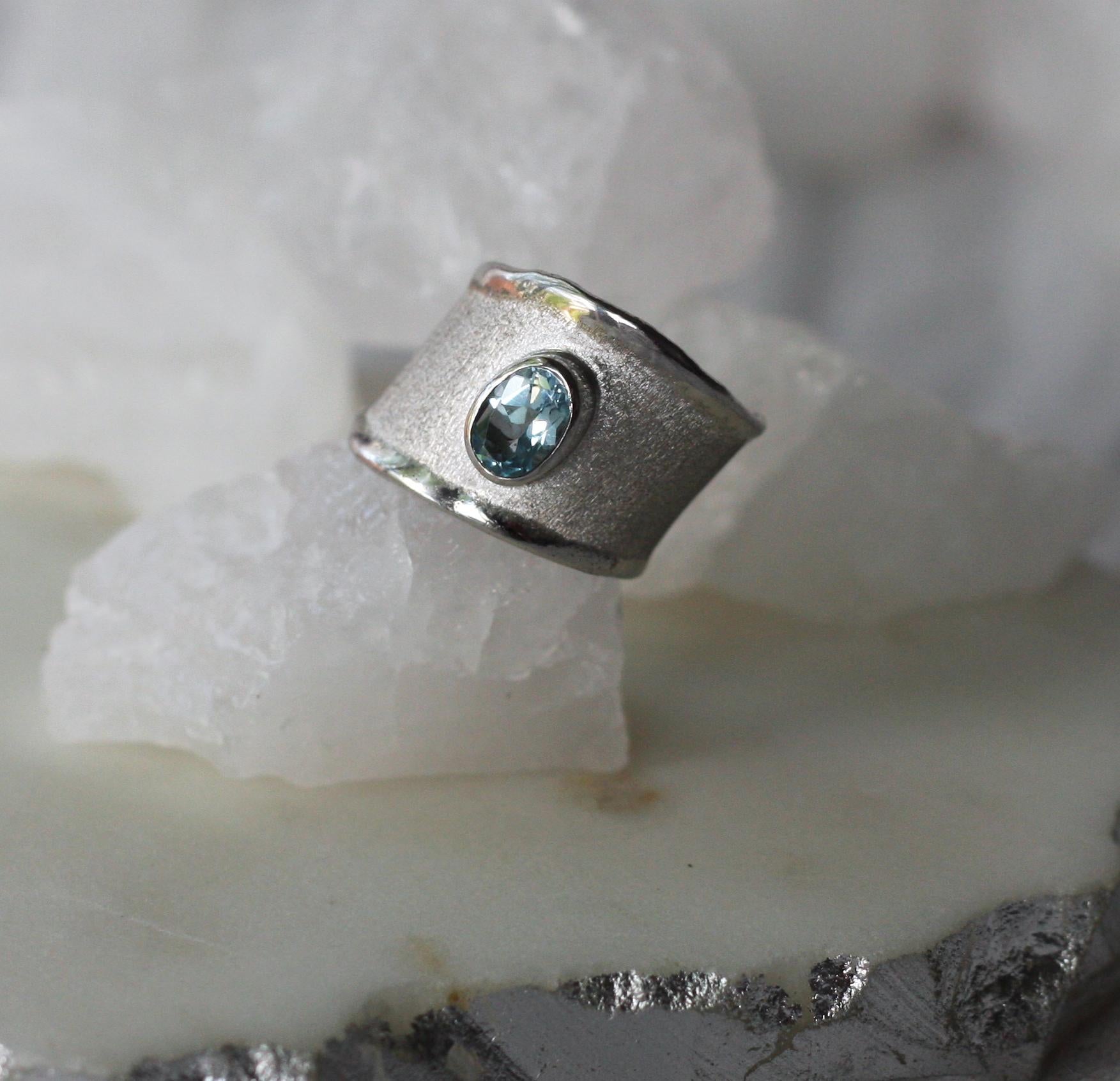 Women's or Men's Yianni Creations Aquamarine Fine Silver and Palladium Wide Band Ring For Sale