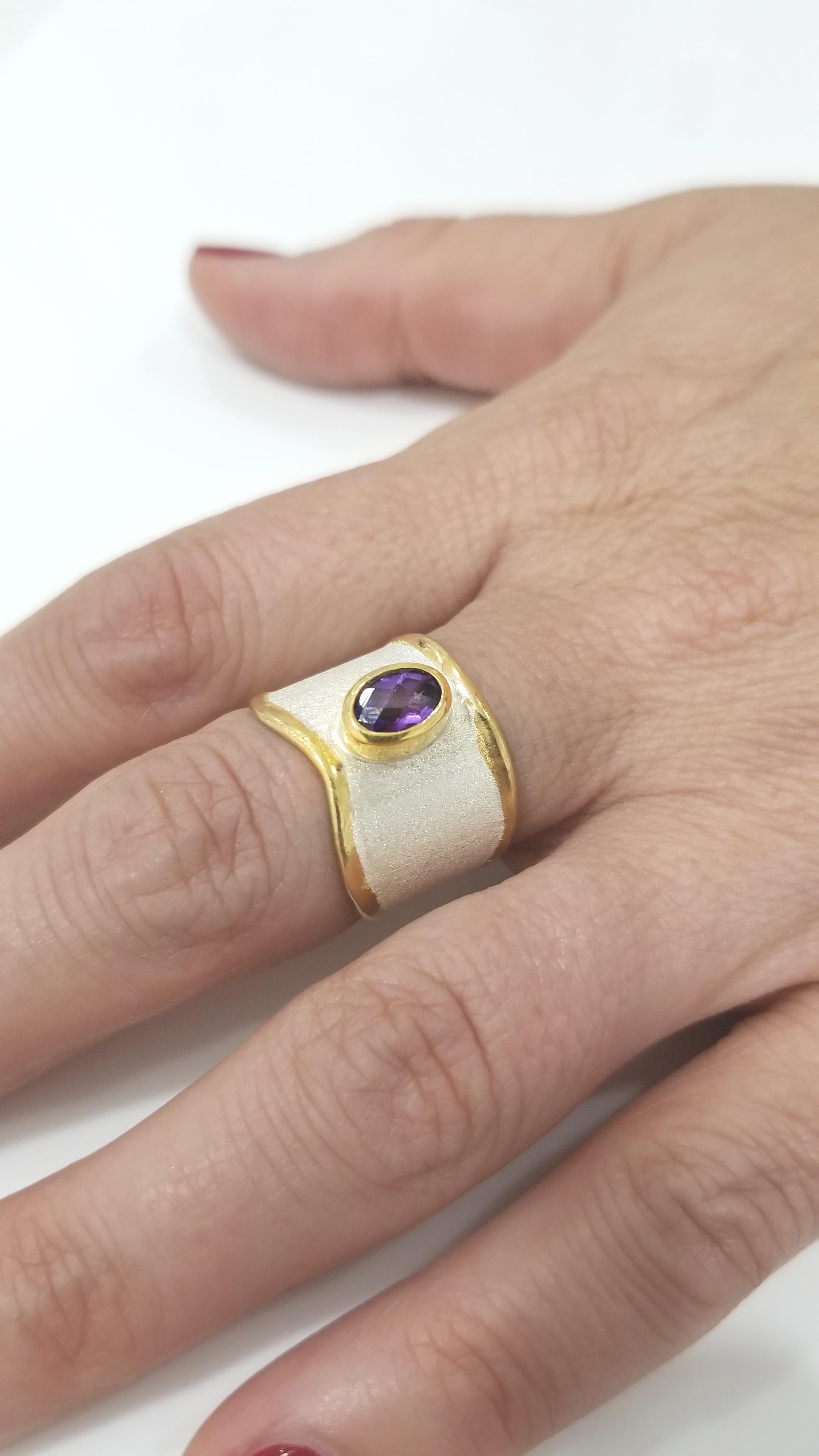 Contemporary Yianni Creations Amethyst Fine Silver and 24 Karat Gold Artisan Wide Band Ring