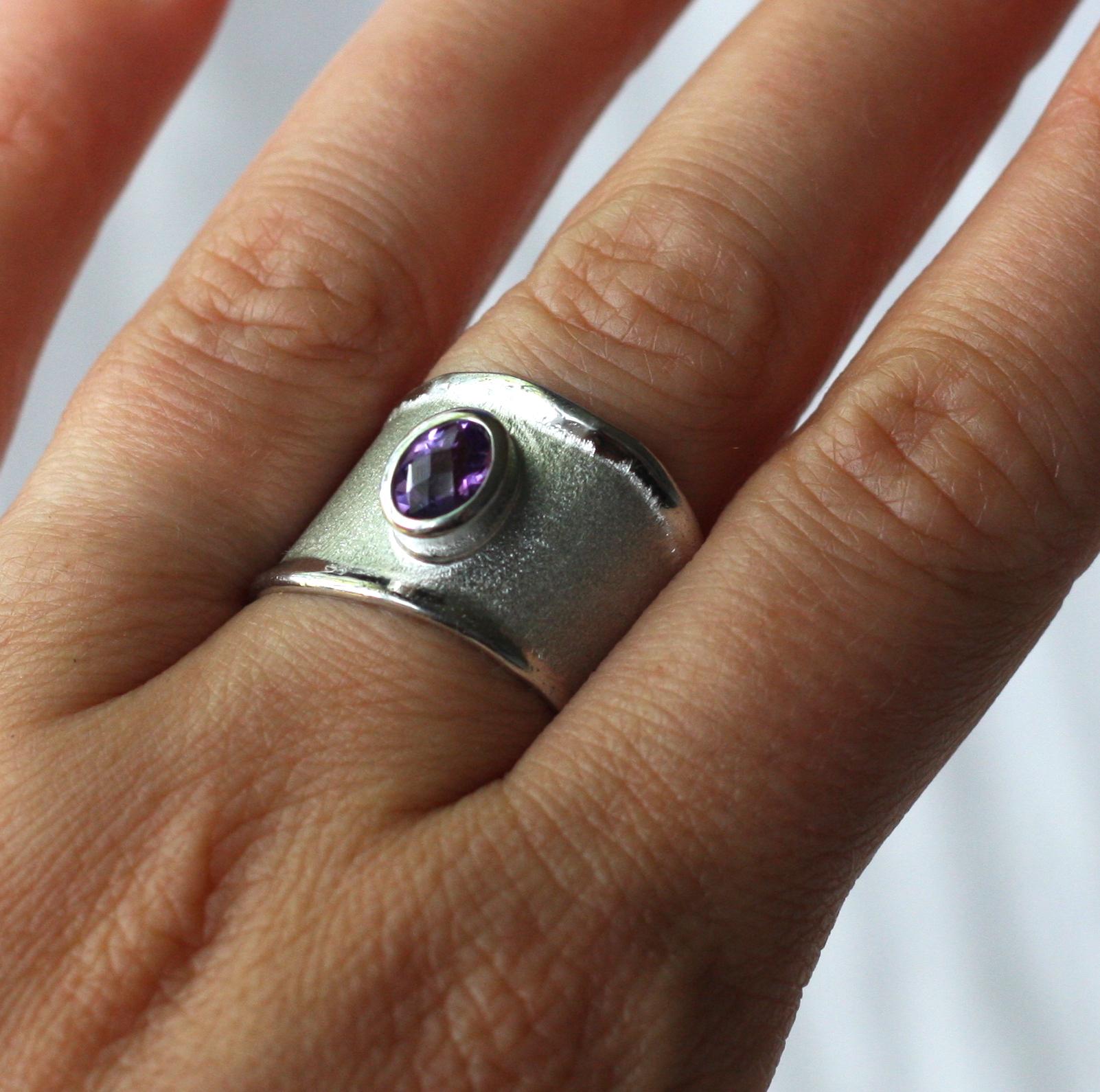 Contemporary Yianni Creations Amethyst Fine Silver and Palladium Wide Band Ring For Sale