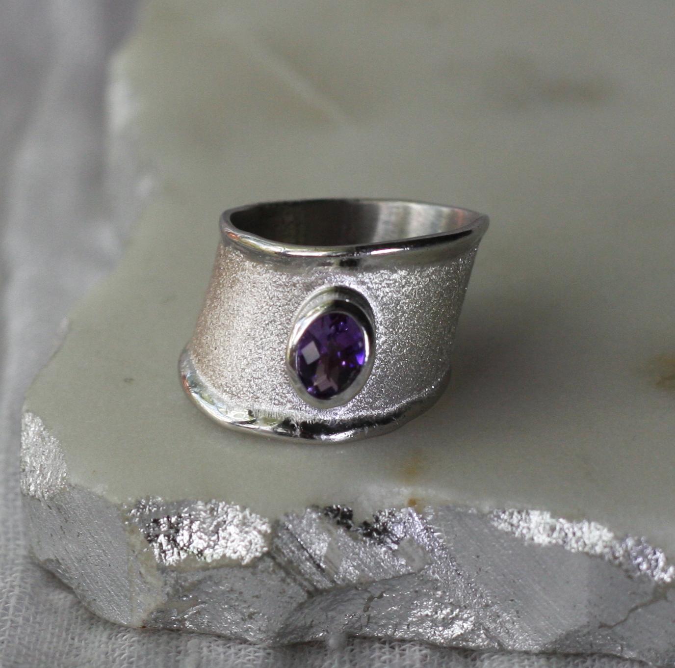 Oval Cut Yianni Creations Amethyst Fine Silver and Palladium Wide Band Ring For Sale