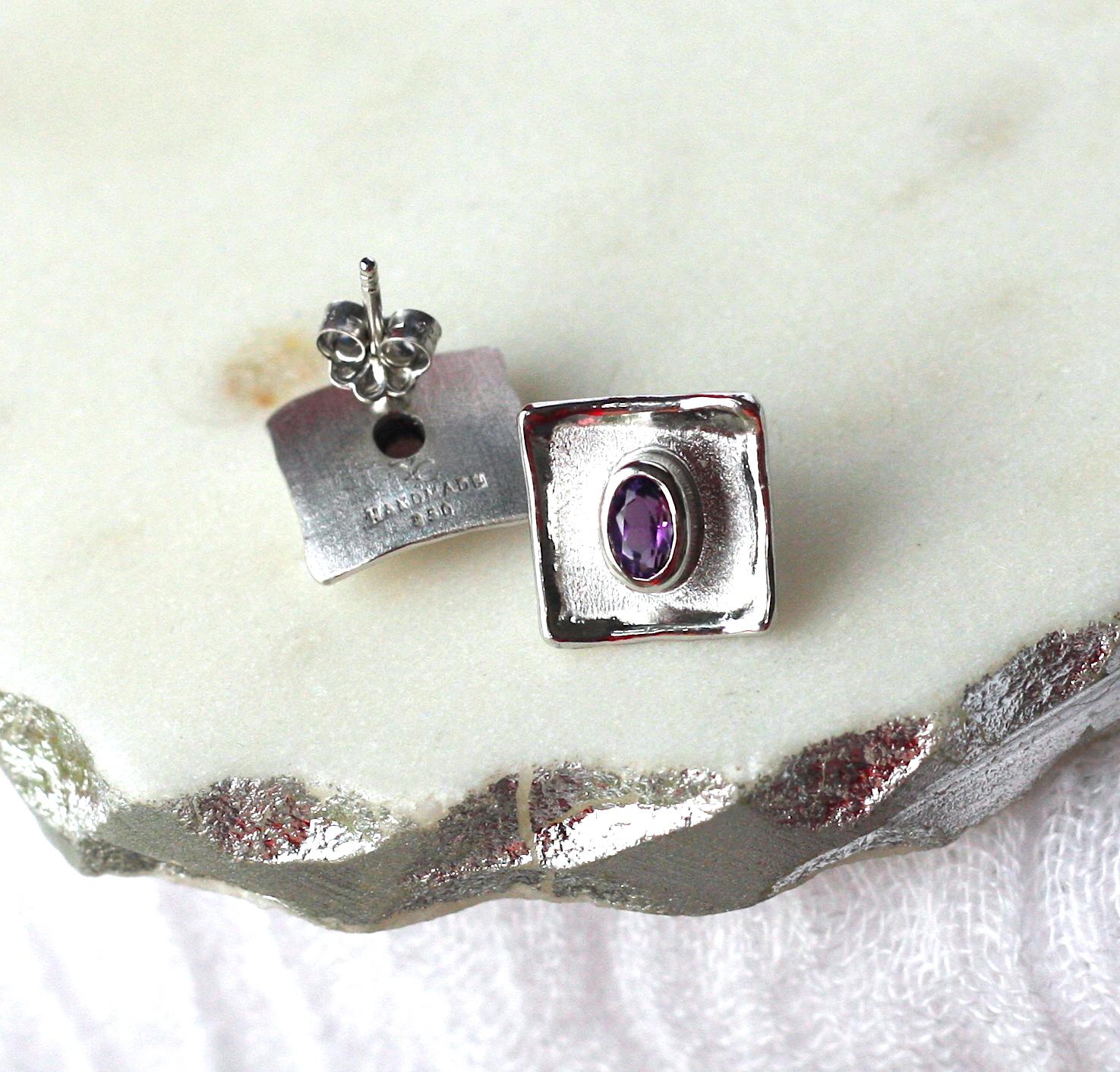 Yianni Creations Amethyst Fine Silver and Palladium Small Stud Earrings 3