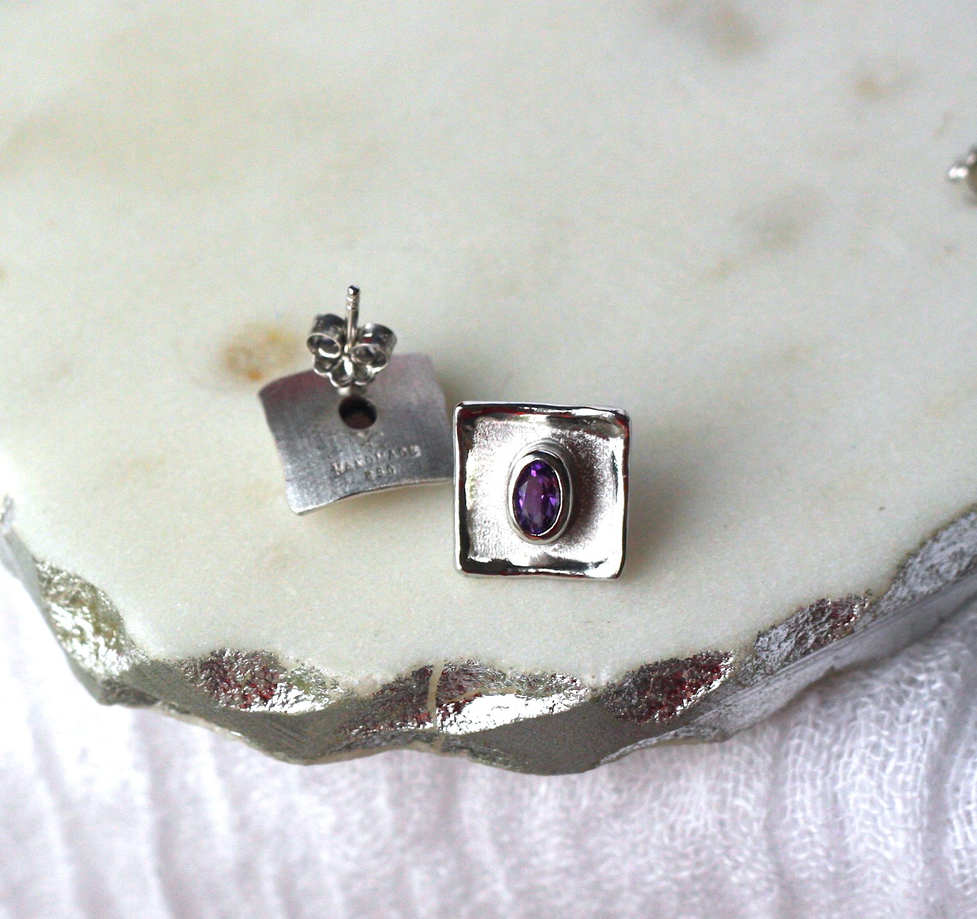 Yianni Creations Amethyst Fine Silver and Palladium Small Stud Earrings 4