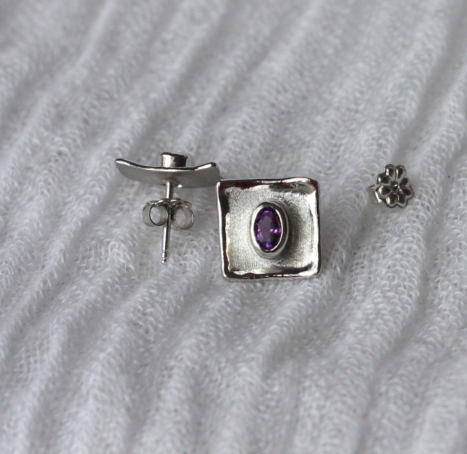 Oval Cut Yianni Creations Amethyst Fine Silver and Palladium Small Stud Earrings
