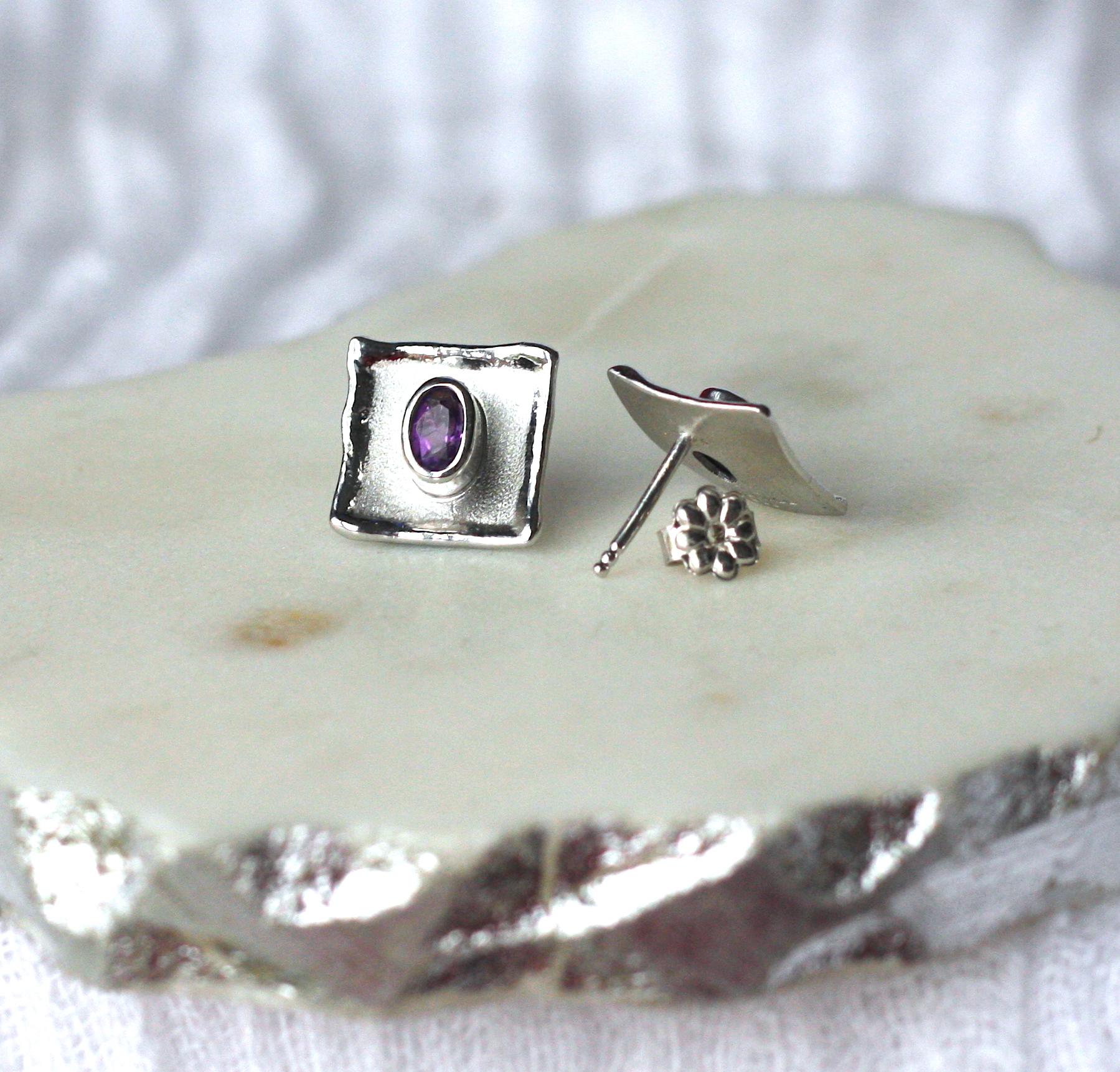 Women's Yianni Creations Amethyst Fine Silver and Palladium Small Stud Earrings