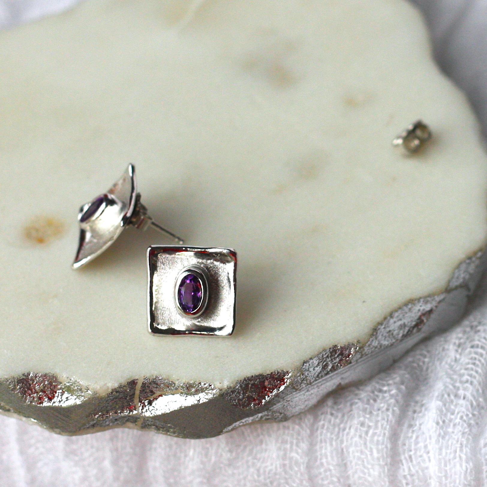 Yianni Creations Amethyst Fine Silver and Palladium Small Stud Earrings 1