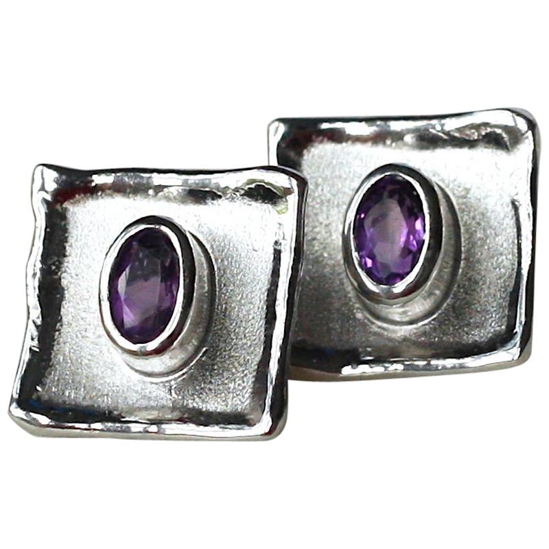 Yianni Creations Amethyst Fine Silver and Palladium Small Stud Earrings