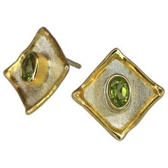1.00 Carat Peridot Earrings in Fine Silver and 24 Karat Gold