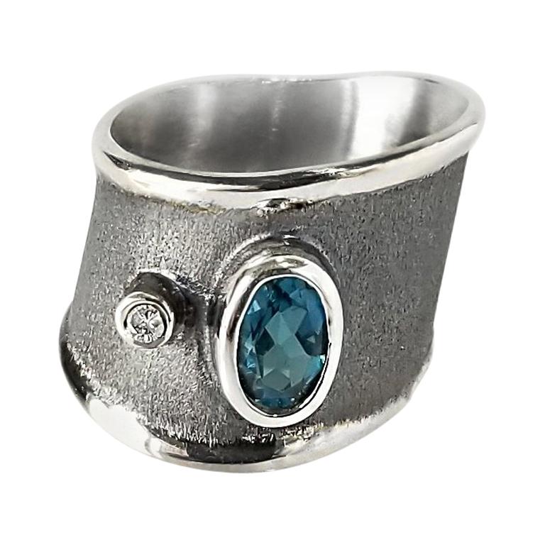 Yianni Creations London Blue Topaz Diamond Fine Silver and Rhodium Band Ring