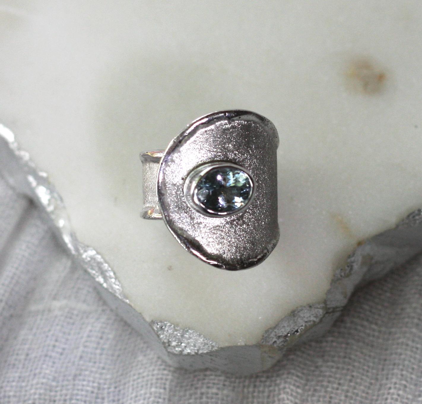 Yianni Creations Aquamarine Fine Silver and Palladium Artisan Wide Band Ring In Good Condition For Sale In Astoria, NY