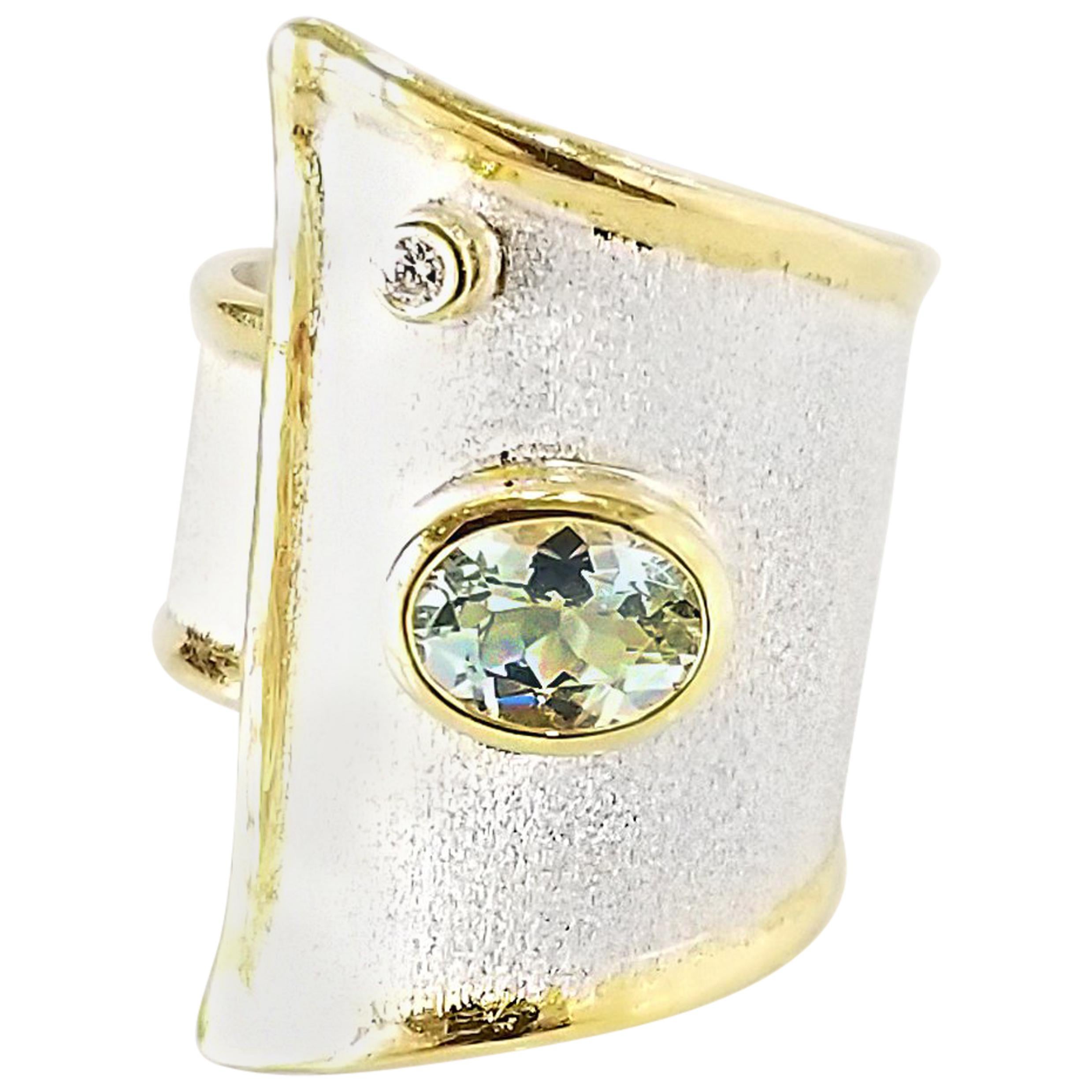 Yianni Creations Aquamarine Diamond Fine Silver 24 Karat Gold Wide Band Ring For Sale