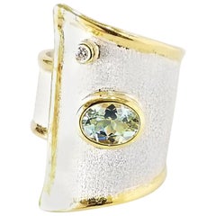 Yianni Creations Aquamarine Diamond Fine Silver 24 Karat Gold Wide Band Ring