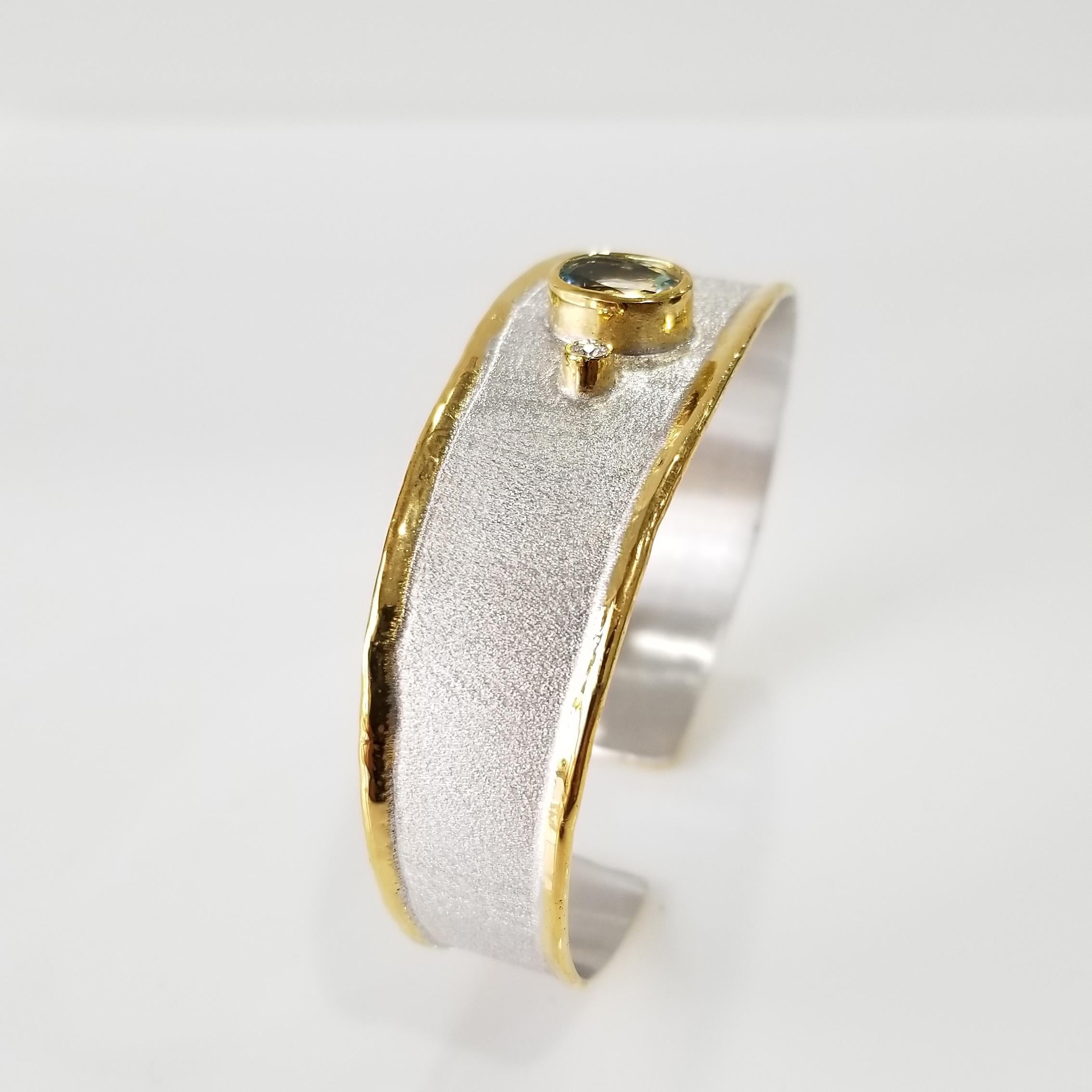 Oval Cut Yianni Creations 1.10 Carat Aquamarine Diamond Silver 24 Karat Gold Bracelet