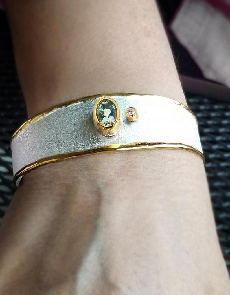 Yianni Creations 1.10 Carat Aquamarine Diamond Silver 24 Karat Gold Bracelet 2
