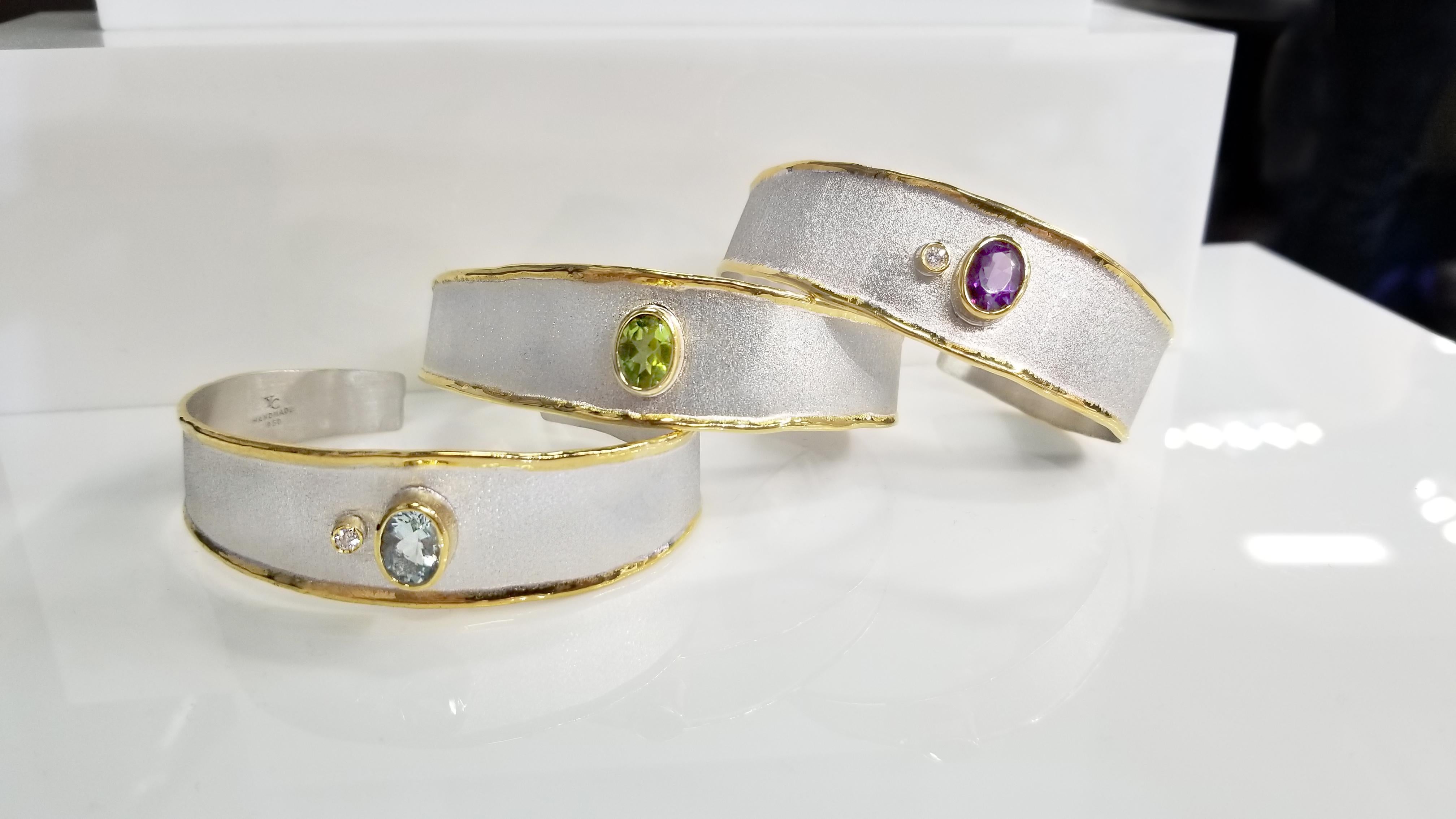 Yianni Creations 1.10 Carat Aquamarine Diamond Silver 24 Karat Gold Bracelet 3