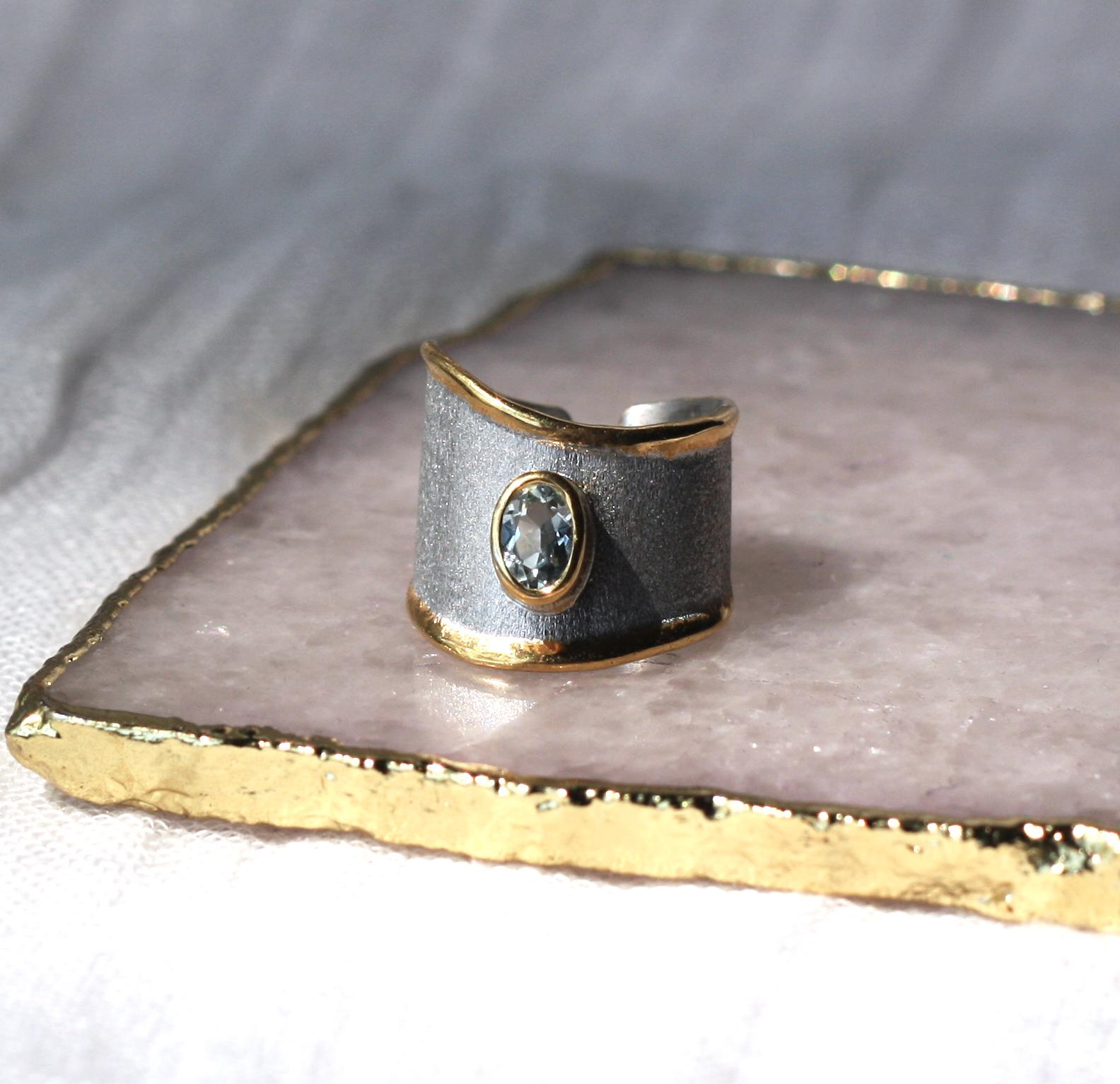 Oval Cut Yianni Creations 1.10 Carat Aquamarine Fine Silver 24 Karat Gold Opened Ring
