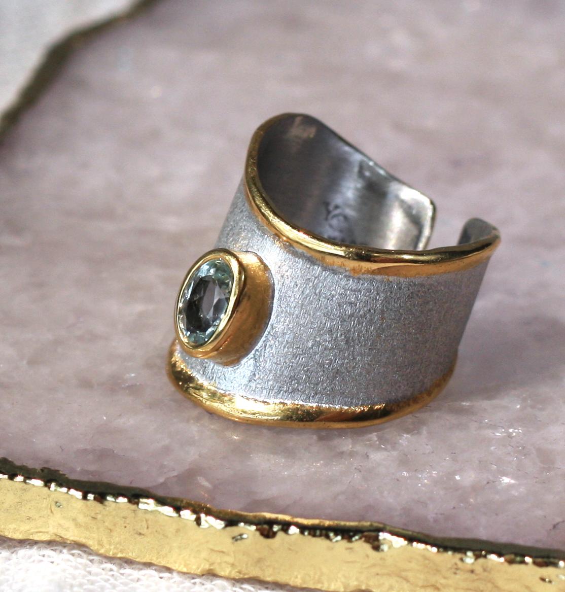Women's Yianni Creations 1.10 Carat Aquamarine Fine Silver 24 Karat Gold Opened Ring