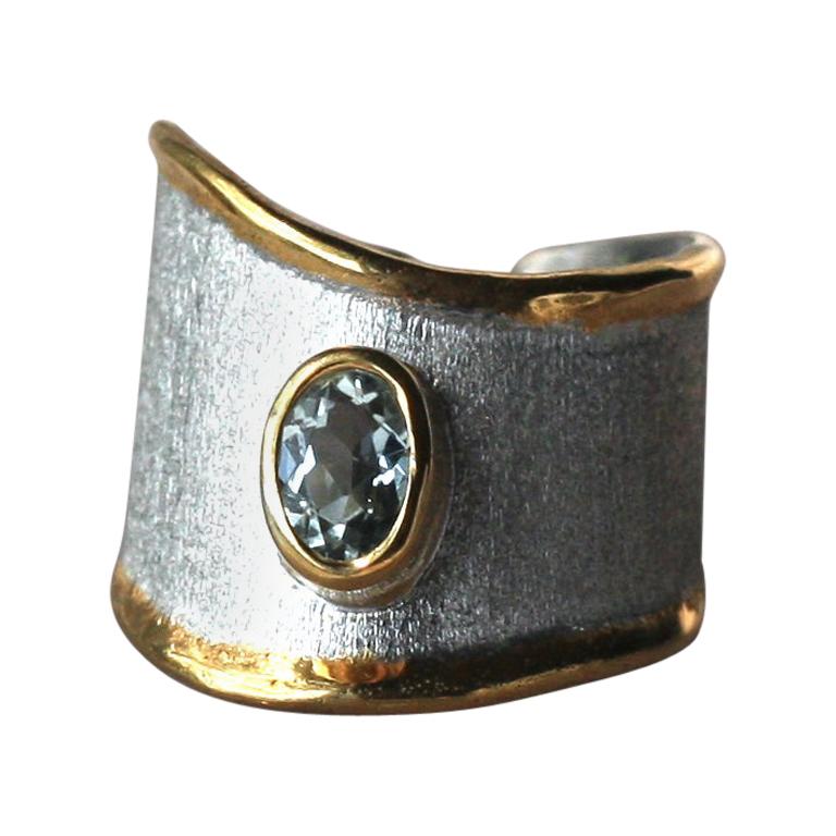 Yianni Creations 1.10 Carat Aquamarine Fine Silver 24 Karat Gold Opened Ring