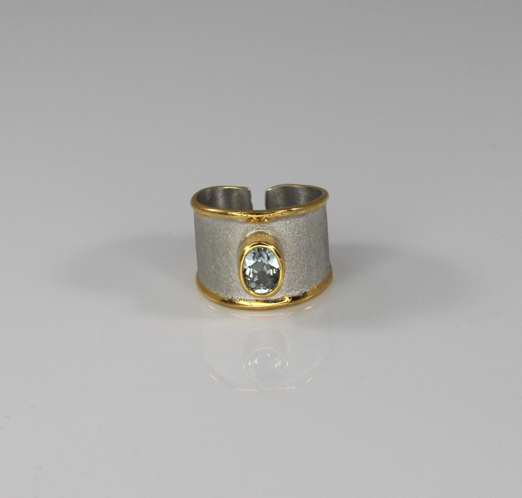 Contemporary Yianni Creations Aquamarine Fine Silver and 24 Karat Gold Wide Band Ring For Sale