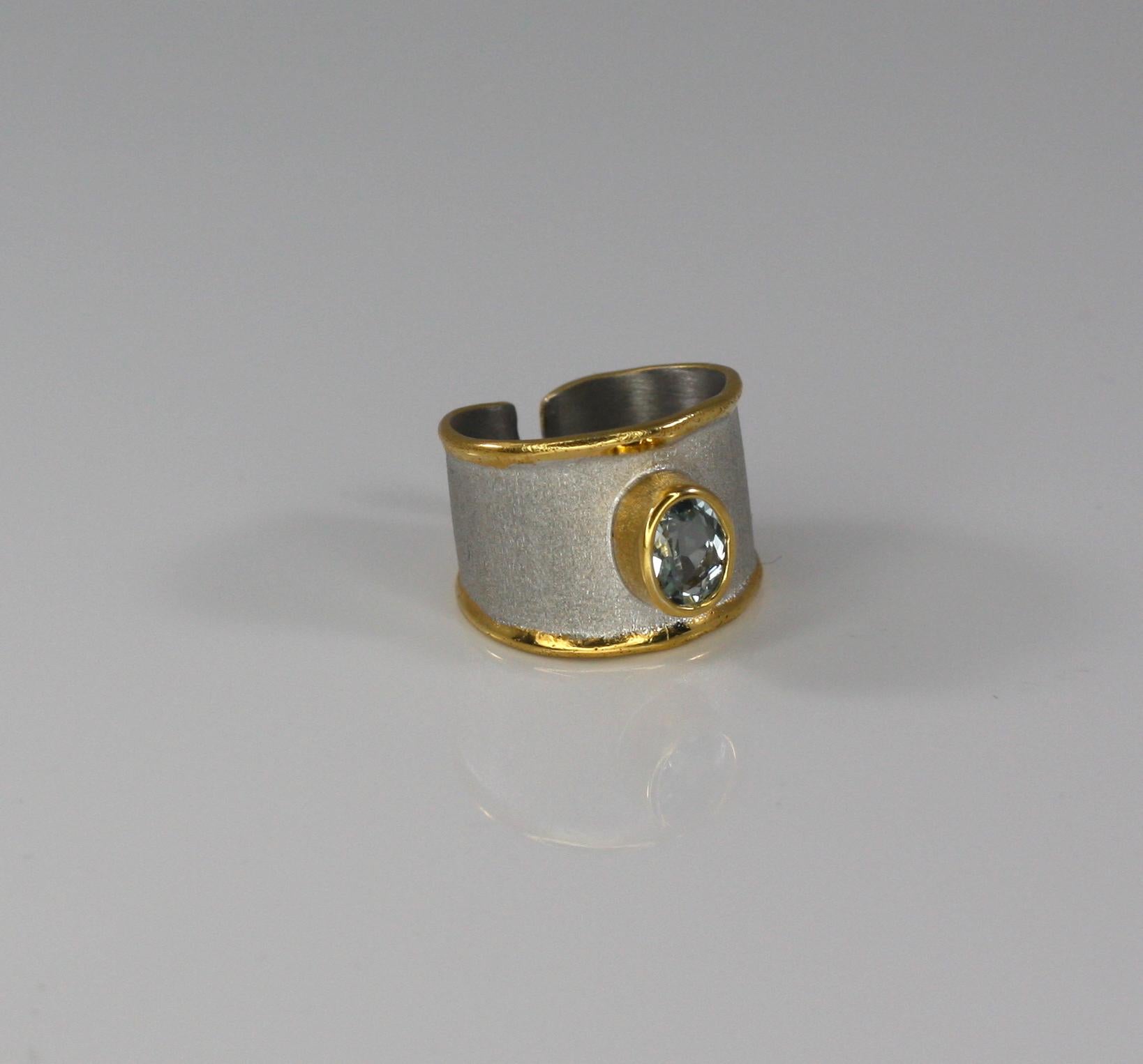 Rough Cut Yianni Creations Aquamarine Fine Silver and 24 Karat Gold Wide Band Ring For Sale