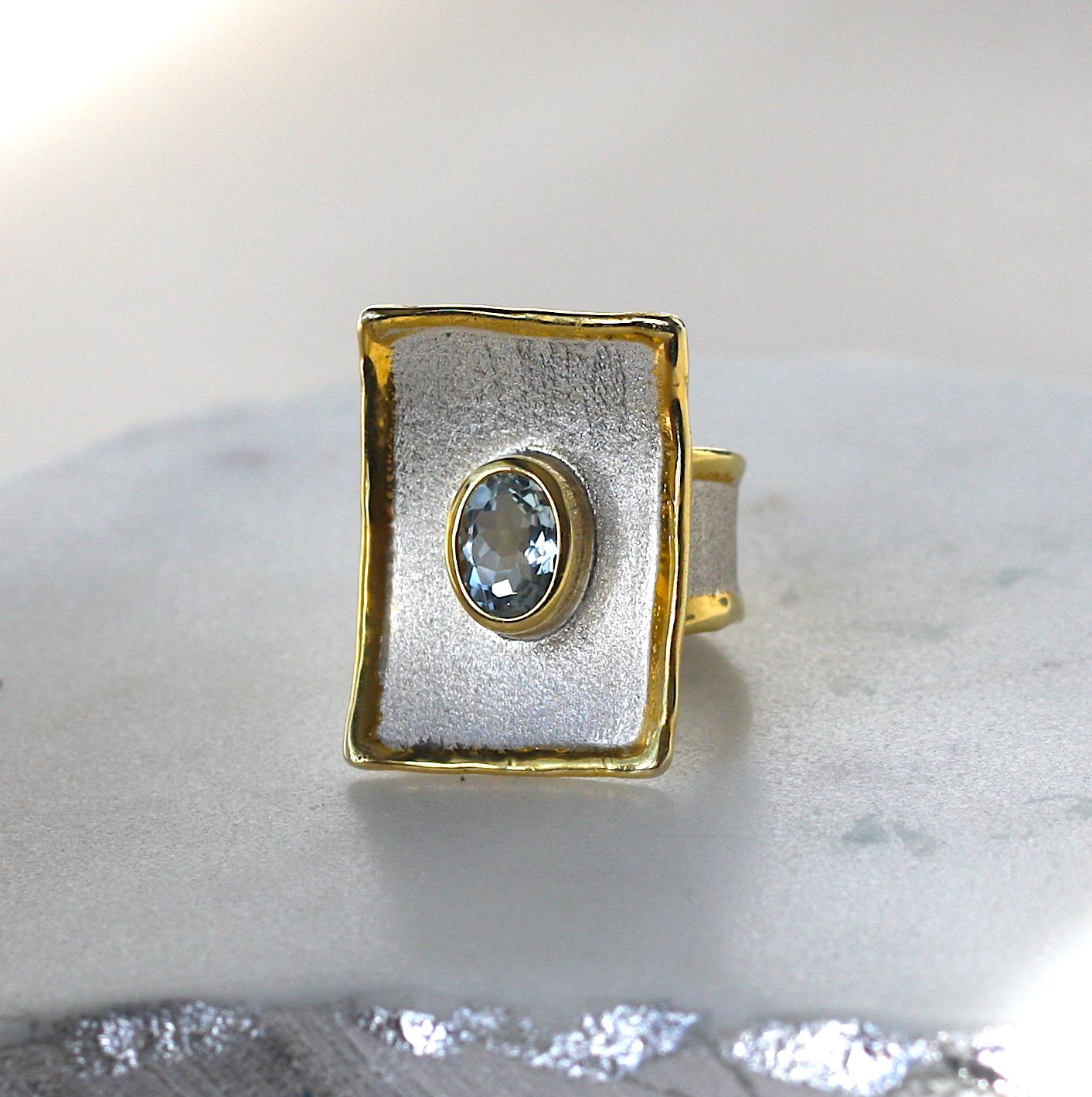 Oval Cut Yianni Creations Aquamarine Fine Silver 24 Karat Gold Rectangular Wide Band Ring