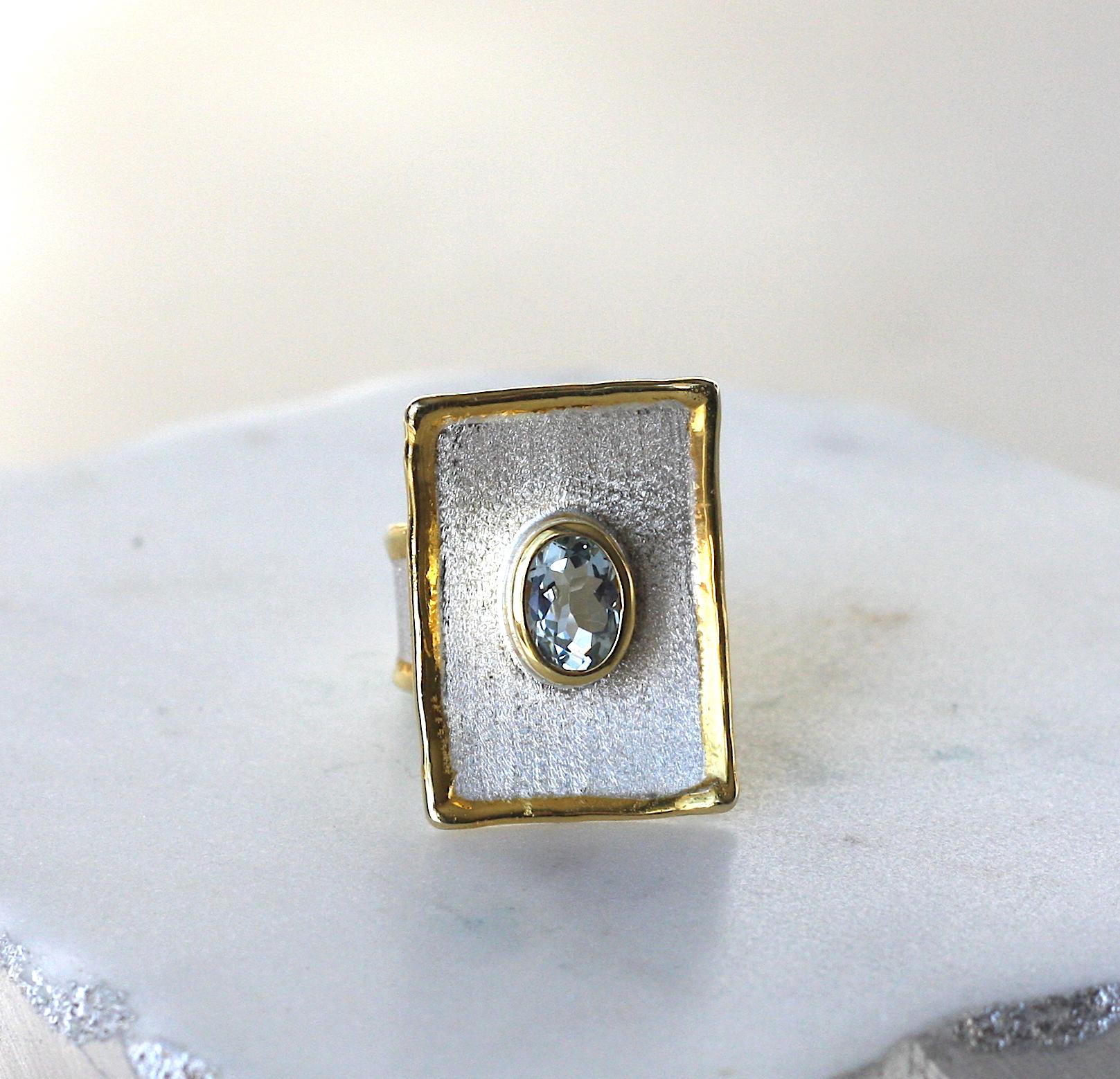 Yianni Creations Aquamarine Fine Silver 24 Karat Gold Rectangular Wide Band Ring 1