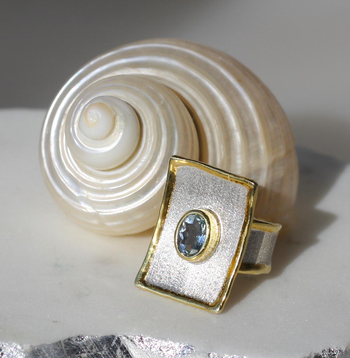 Yianni Creations Aquamarine Fine Silver 24 Karat Gold Rectangular Wide Band Ring 2