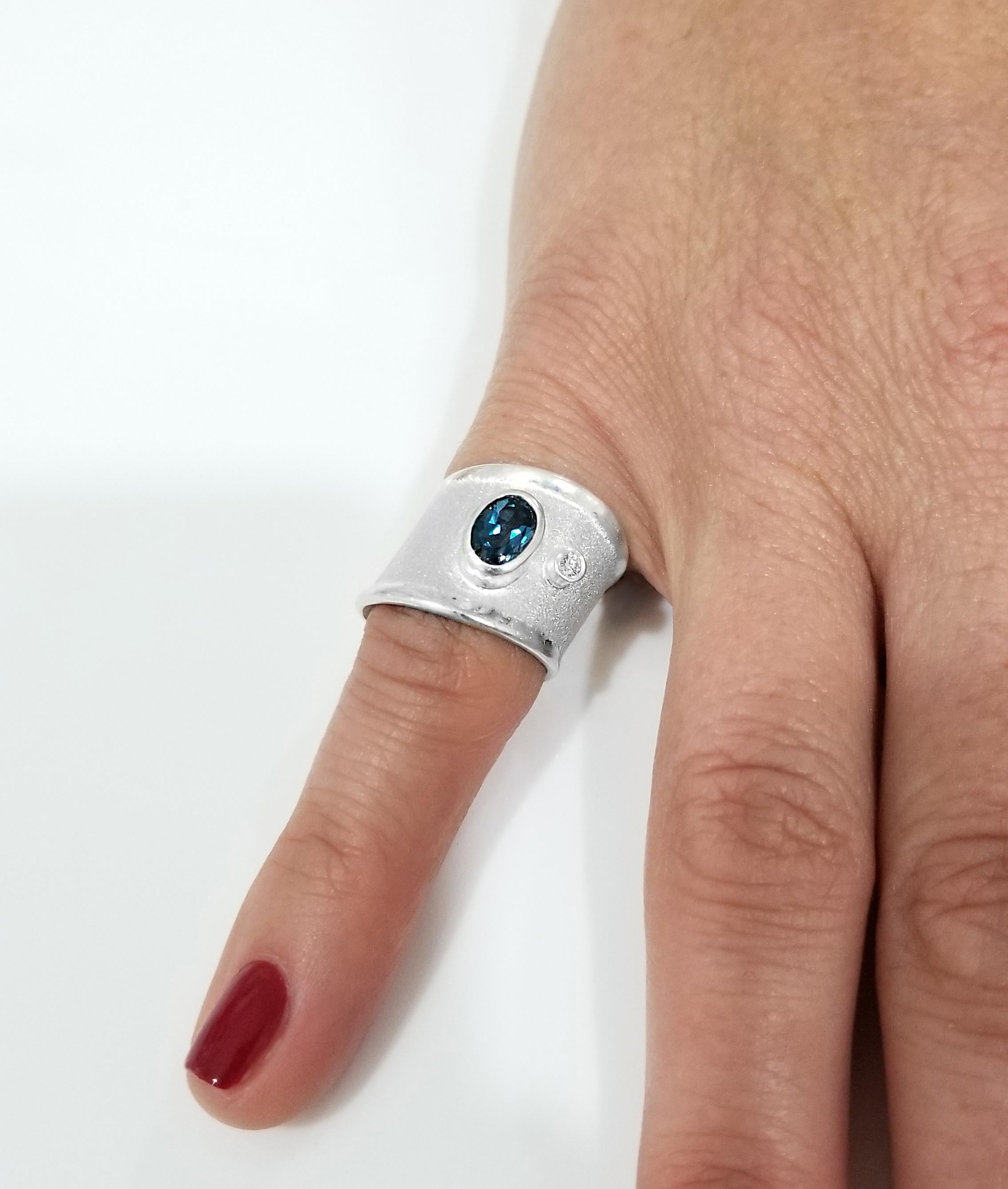 Contemporary Yianni Creations London Blue Topaz and Diamond Fine Silver Palladium Band Ring For Sale