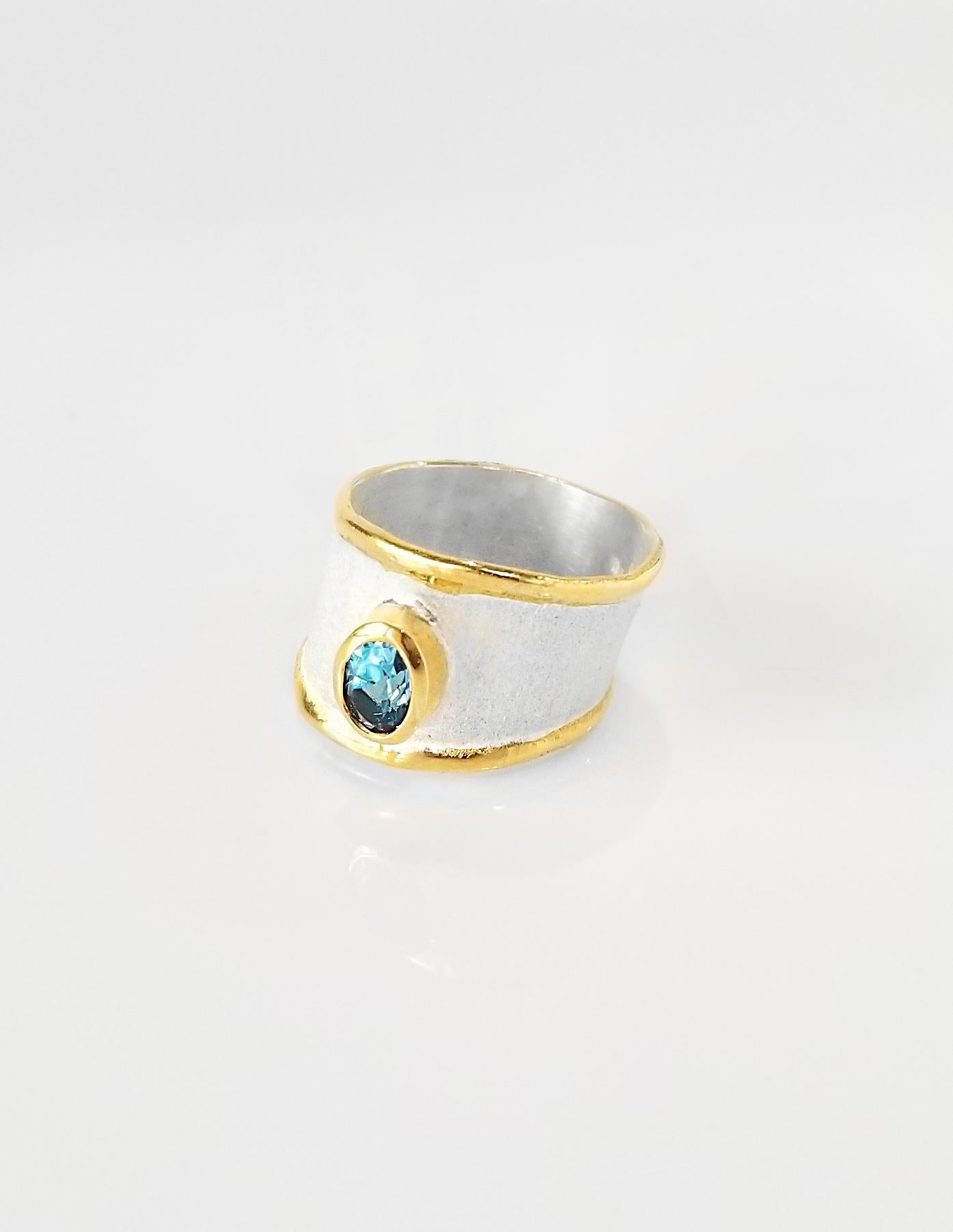 Yianni Creations Midas Collection 100% handmade artisan ring from fine silver 950 purity coated with palladium to protect the jewel against elements. Shiny liquid edges are plated with a thick overlay of 24 Karat yellow gold features 1.10 Carat