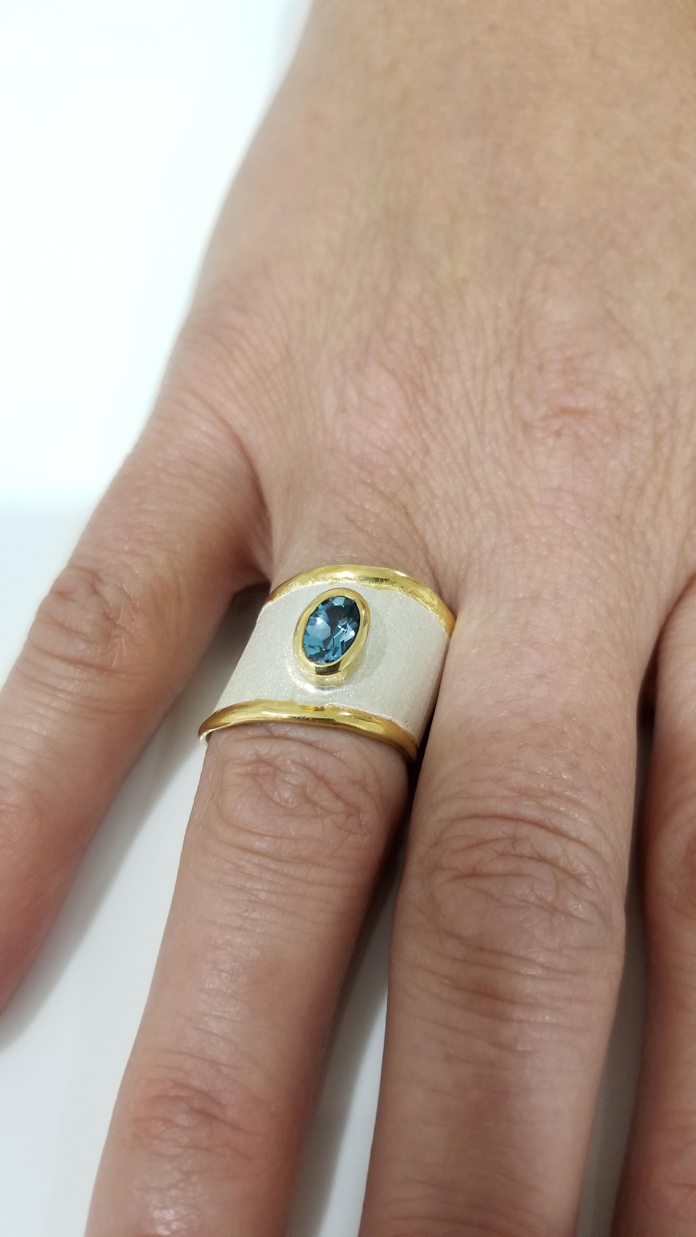 Contemporary Yianni Creations London Blue Topaz Fine Silver and 24 Karat Gold Band Ring For Sale