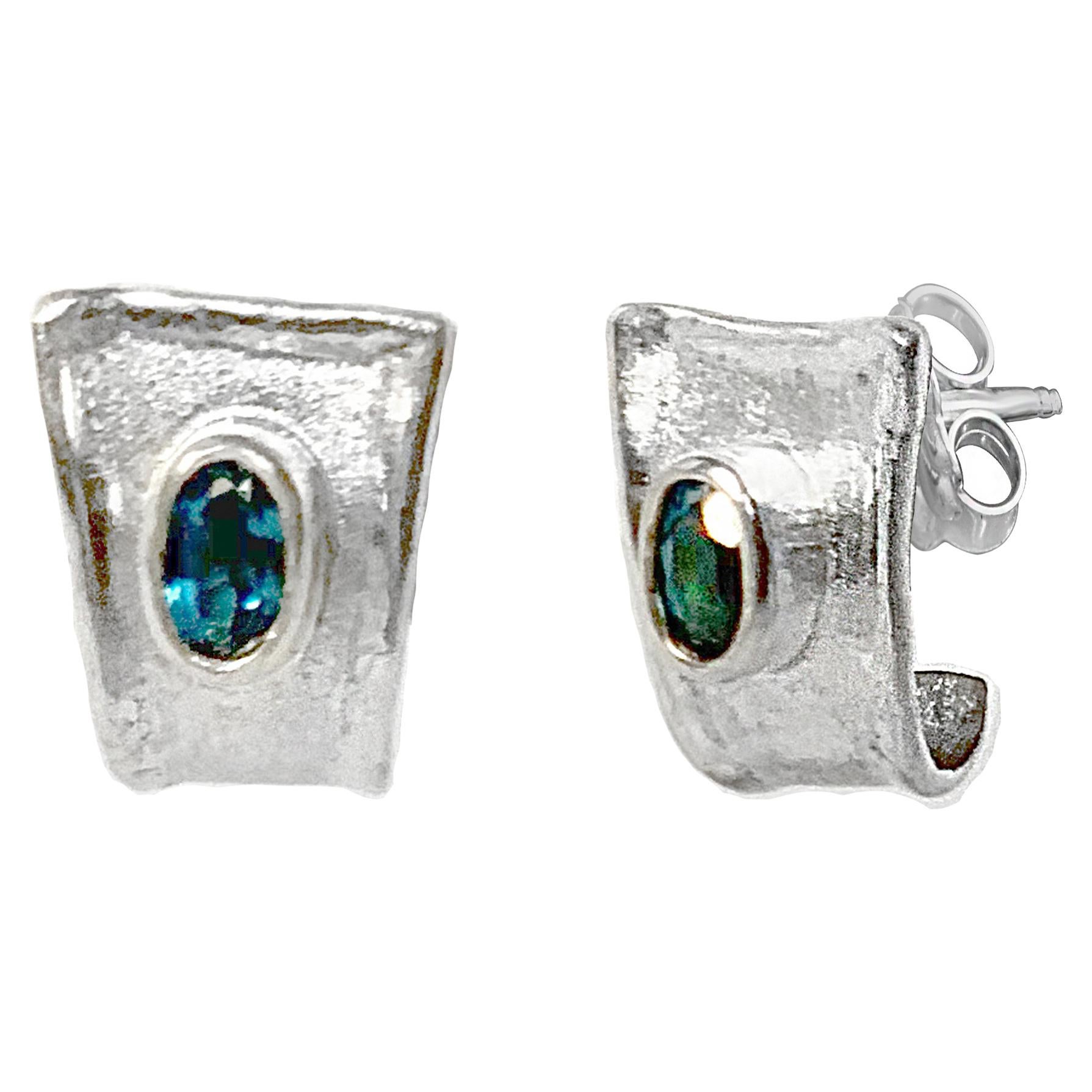 Yianni Creations London Blue Topaz and Fine Silver Solitaire Stud Earrings For Sale 1