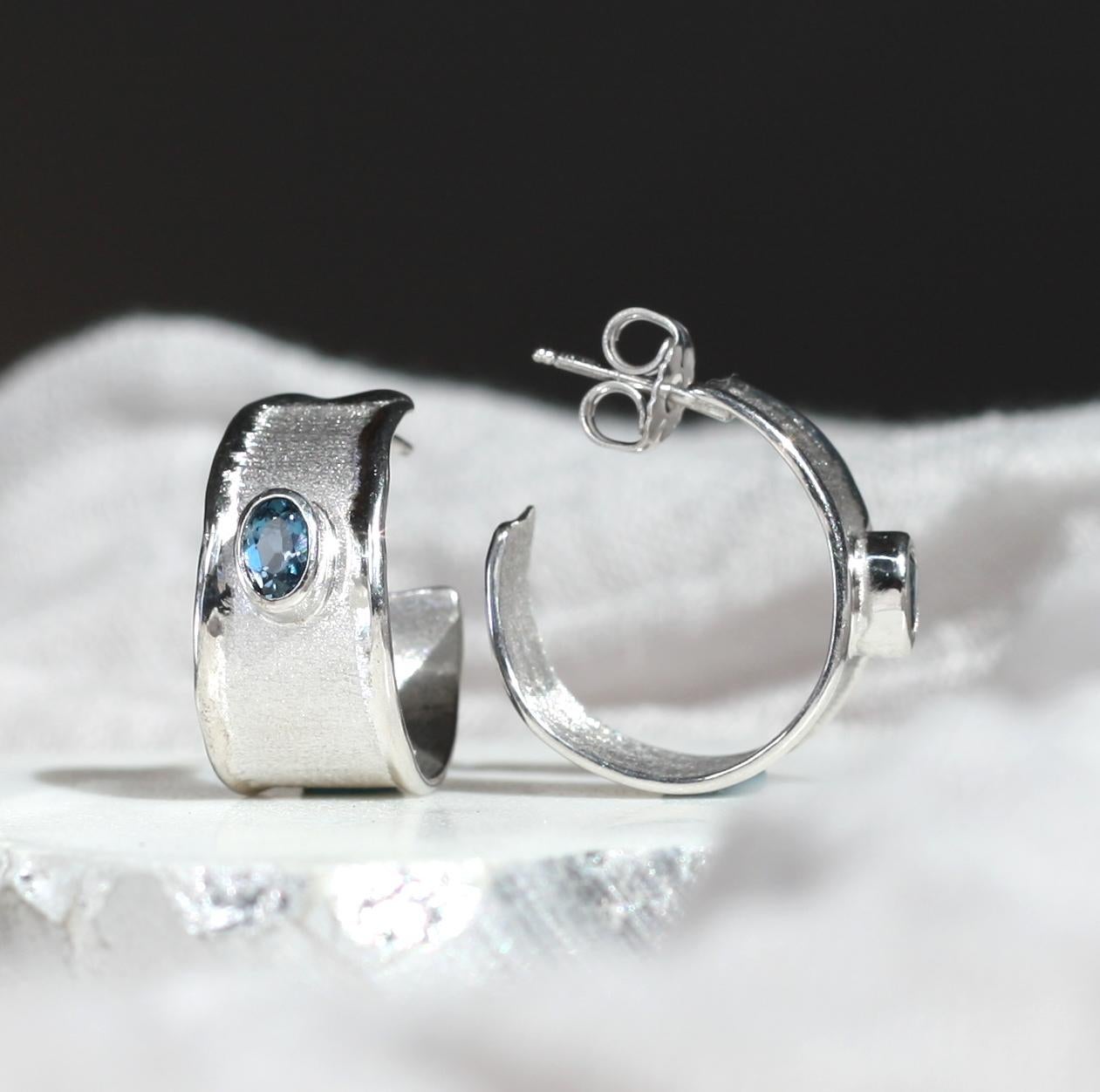 Yianni Creations Oval Blue Topaz Fine Silver Palladium Hoop Earrings For Sale 4