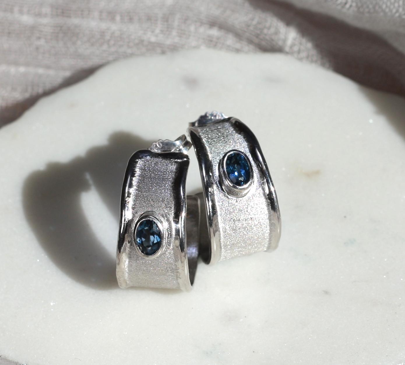 Yianni Creations Oval Blue Topaz Fine Silver Palladium Hoop Earrings For Sale 5