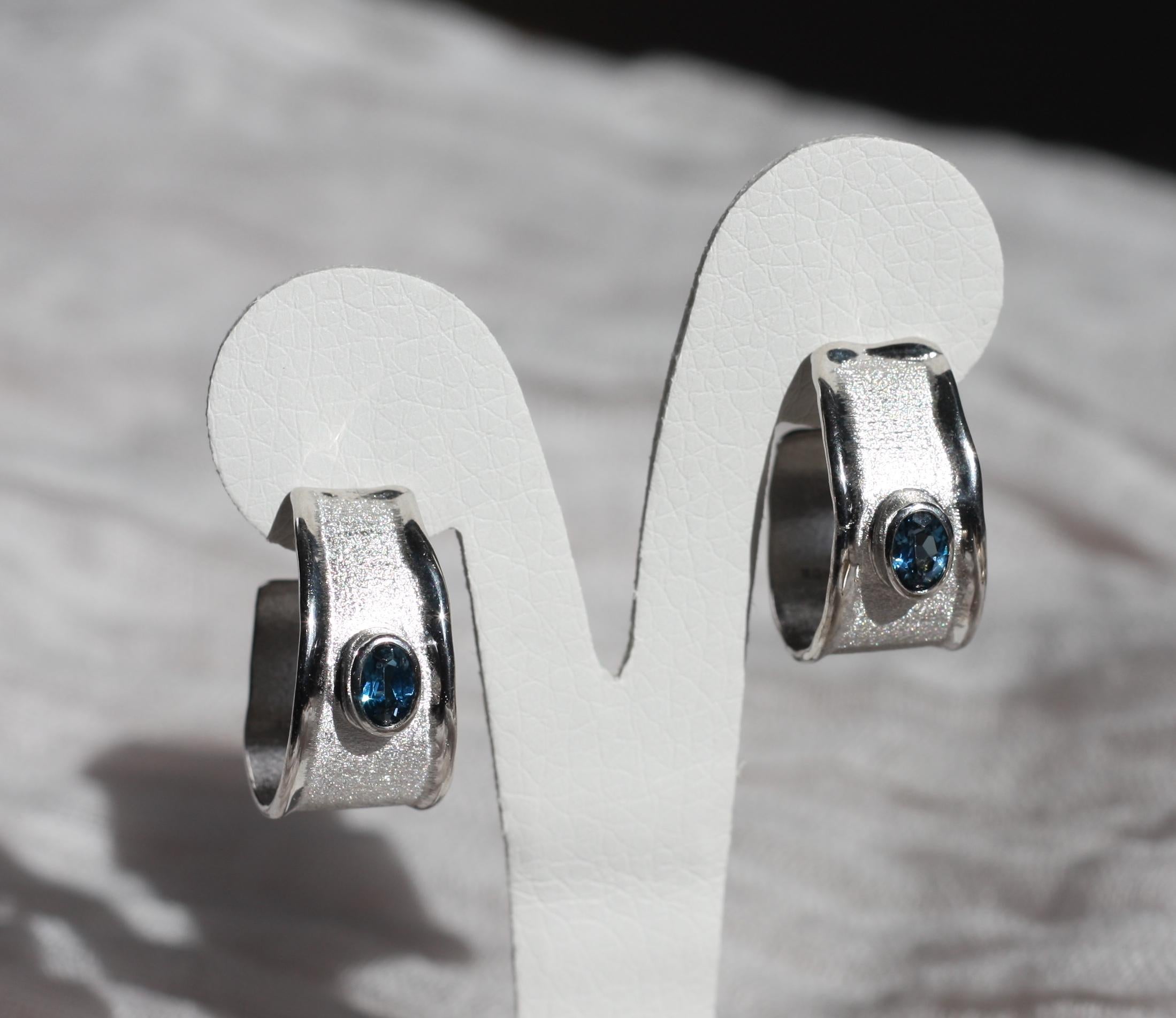 Yianni Creations Oval Blue Topaz Fine Silver Palladium Hoop Earrings For Sale 2