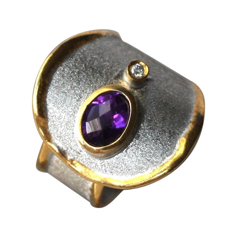 Yianni Creations 1.25 Amethyst and Diamond Ring in Fine Silver and 24 Karat Gold