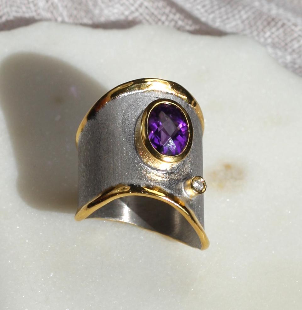 Contemporary Yianni Creations 1.25 Carat Amethyst and Diamond Fine Silver 24 Karat Gold Ring
