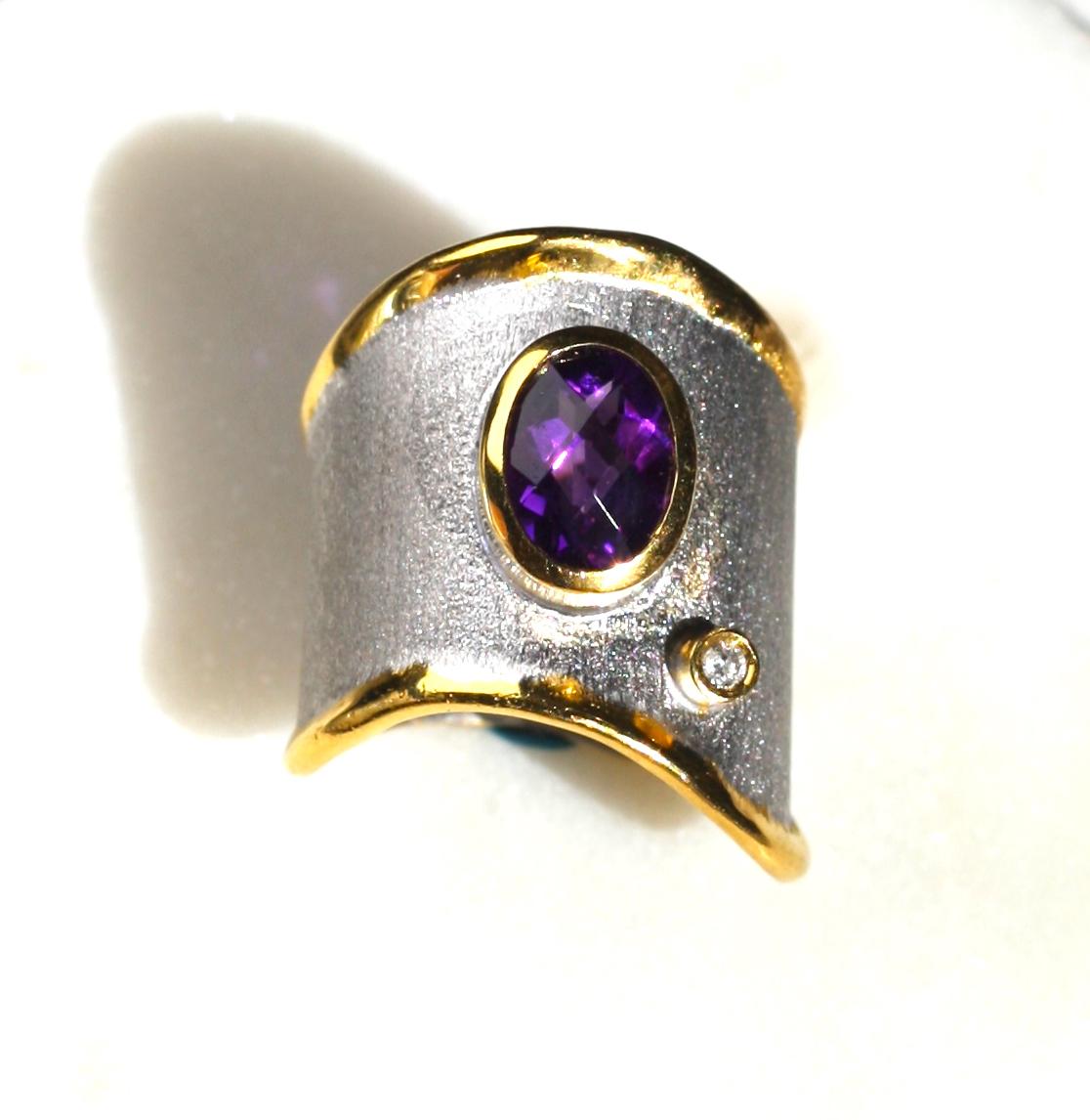 Oval Cut Yianni Creations 1.25 Carat Amethyst and Diamond Fine Silver 24 Karat Gold Ring