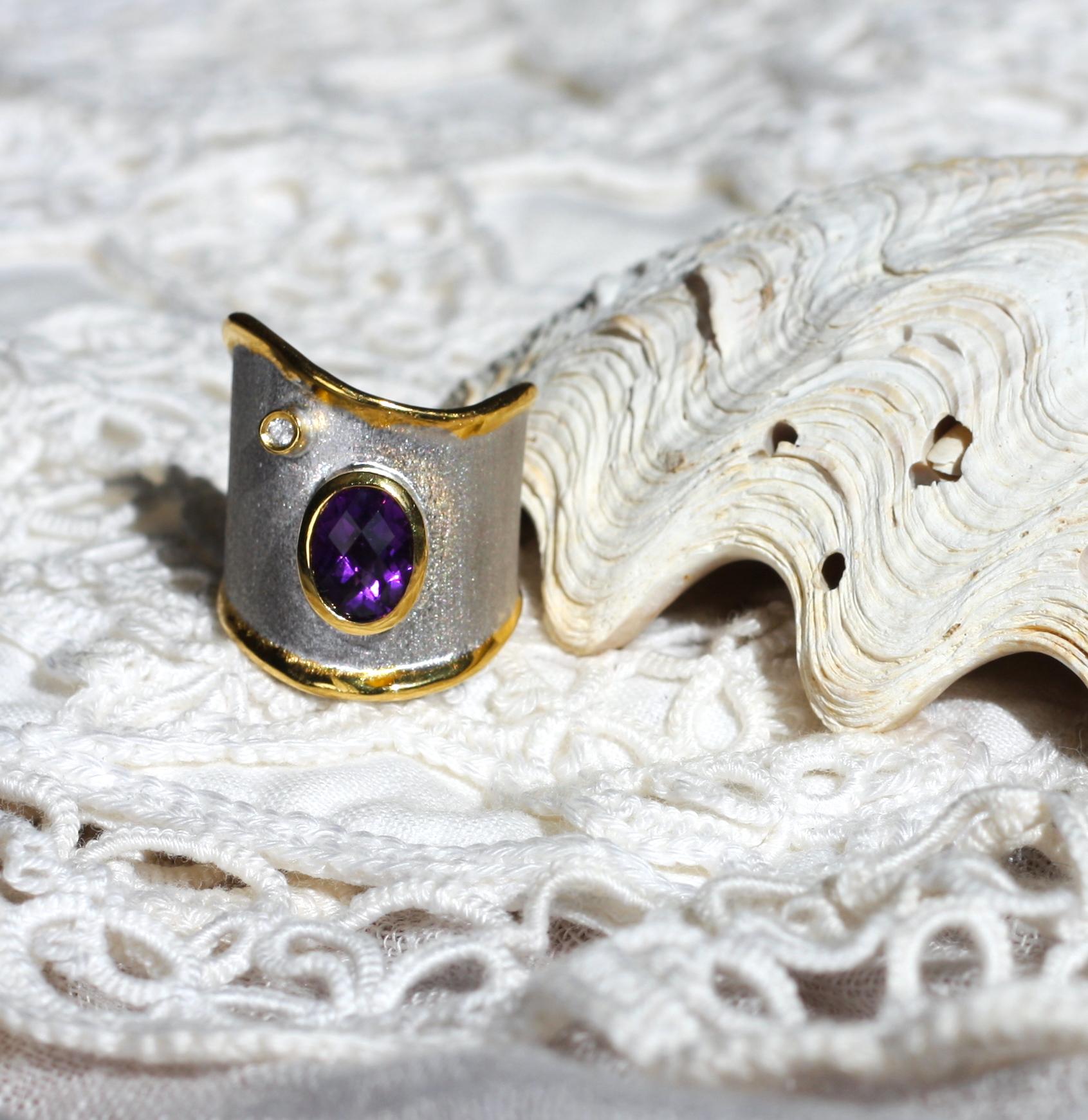 Yianni Creations 1.25 Carat Amethyst and Diamond Fine Silver 24 Karat Gold Ring 1