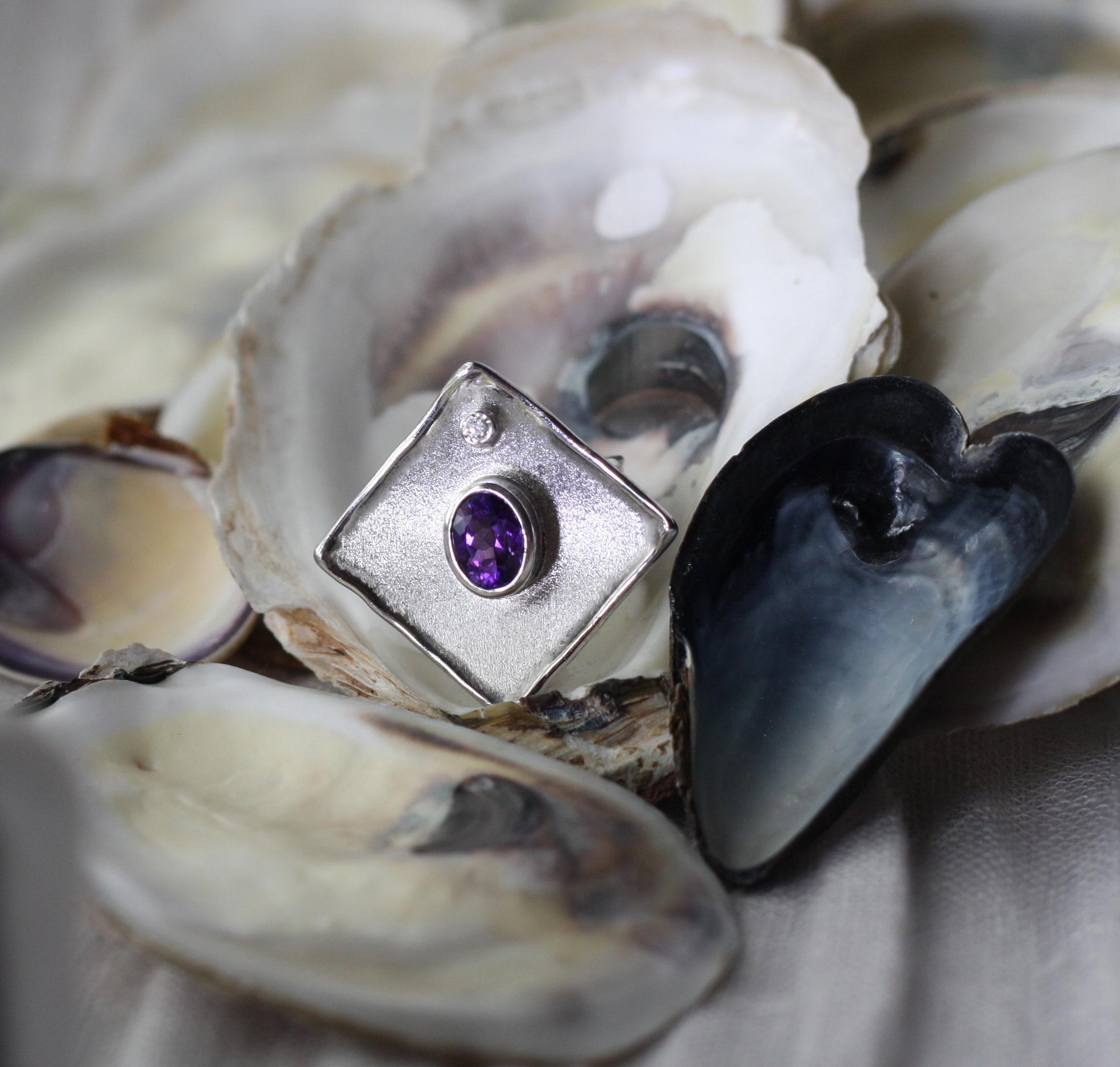 Yianni Creations Amethyst and Diamond Fine Silver Palladium Ring For Sale 4