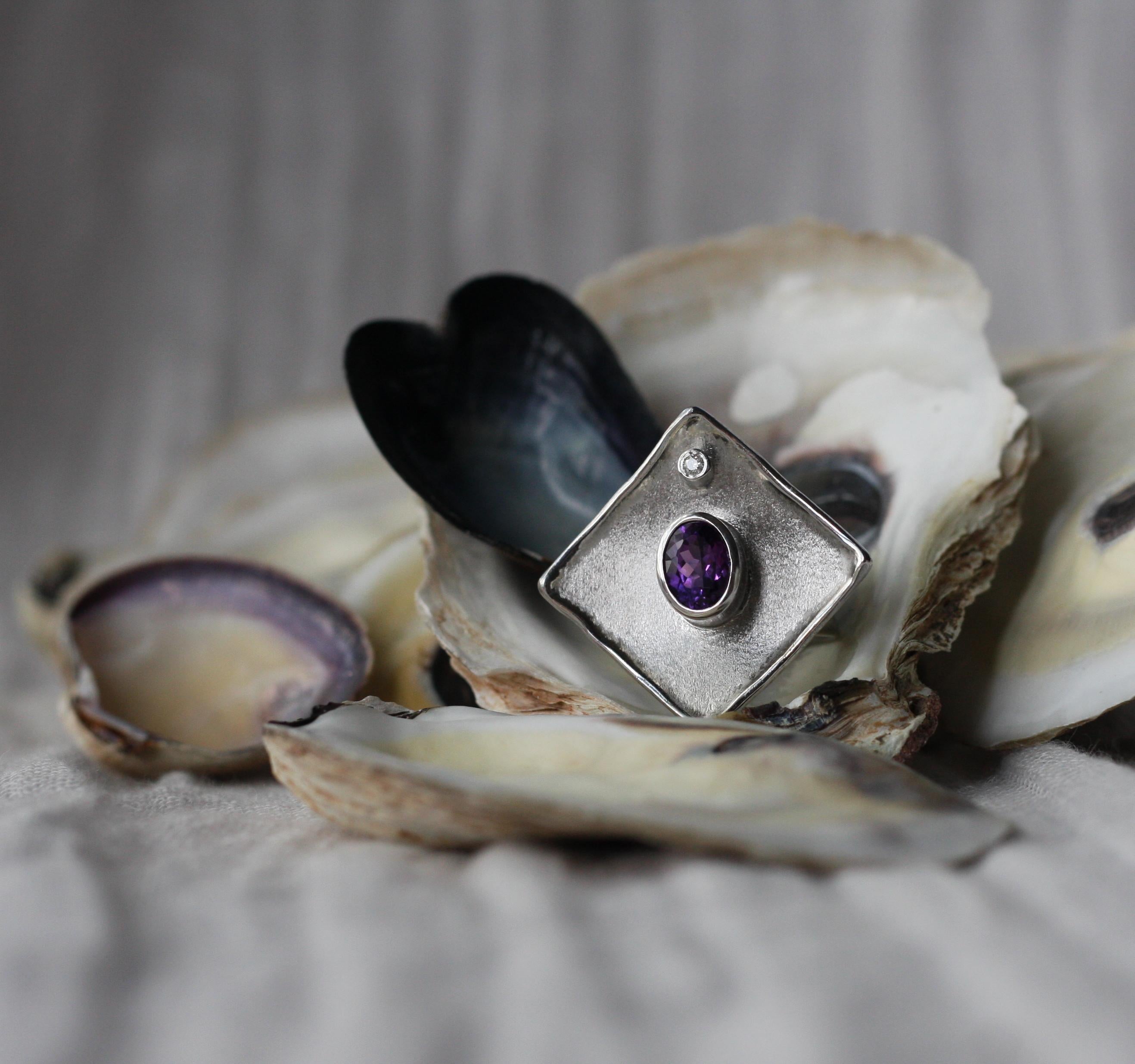 Yianni Creations Amethyst and Diamond Fine Silver Palladium Ring For Sale 6